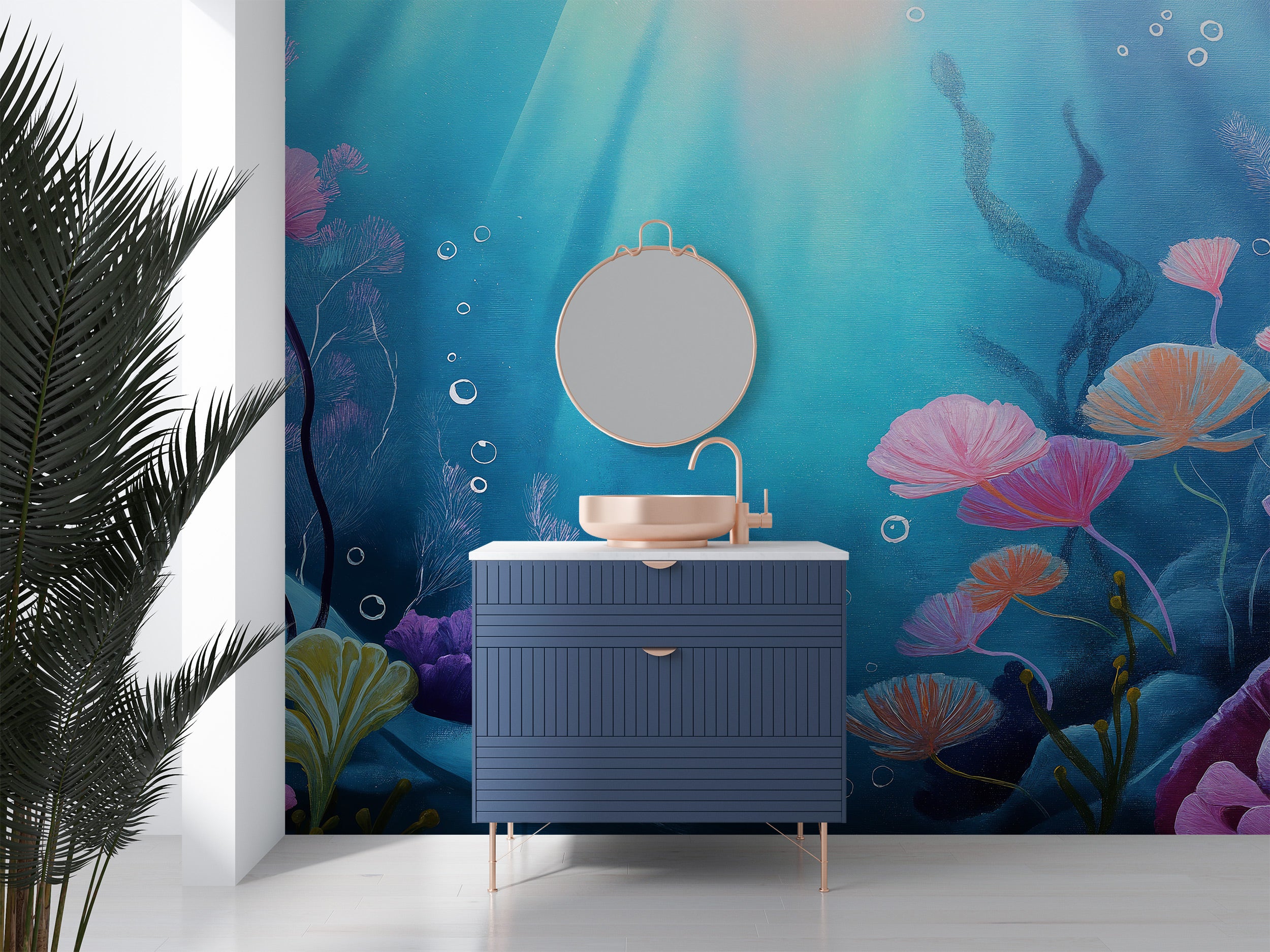 Underwater coral reef mural in a blue turquoise bathroom scene with pink, purple corals, sea plants, bubbles, and a navy vani