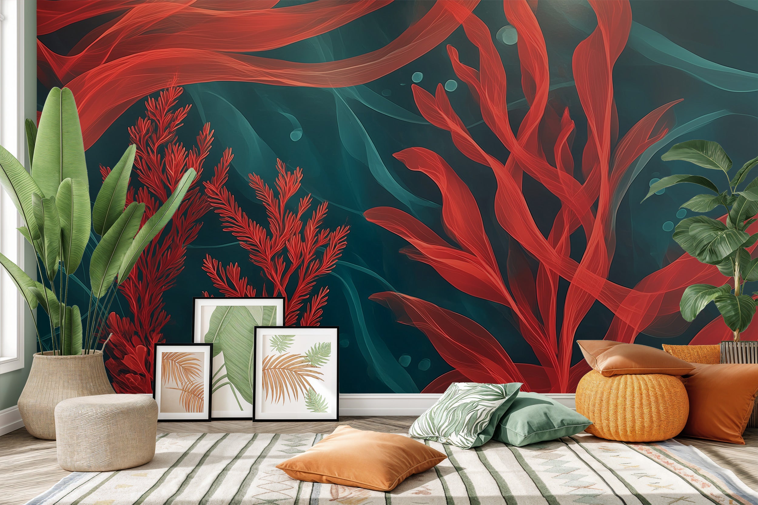 Underwater seaweed mural with bold red coral against teal background, ocean botanical wall art in a cozy living room setting