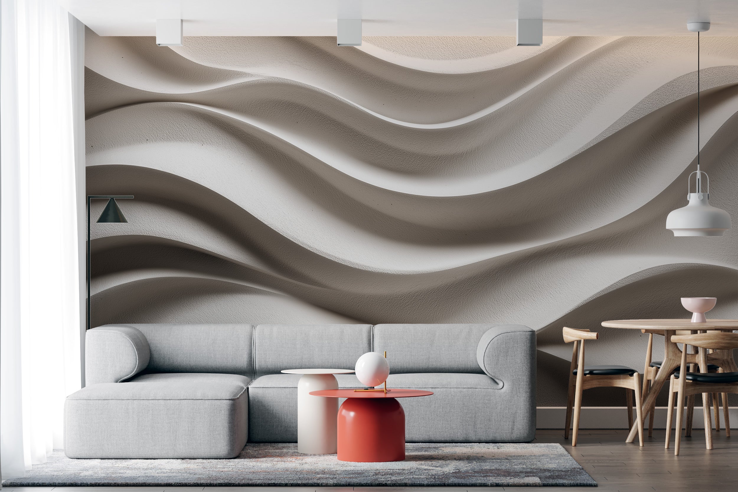 Abstract concrete wave mural in a neutral beige living room with a light gray sofa and wooden dining set, showcasing 3D textu