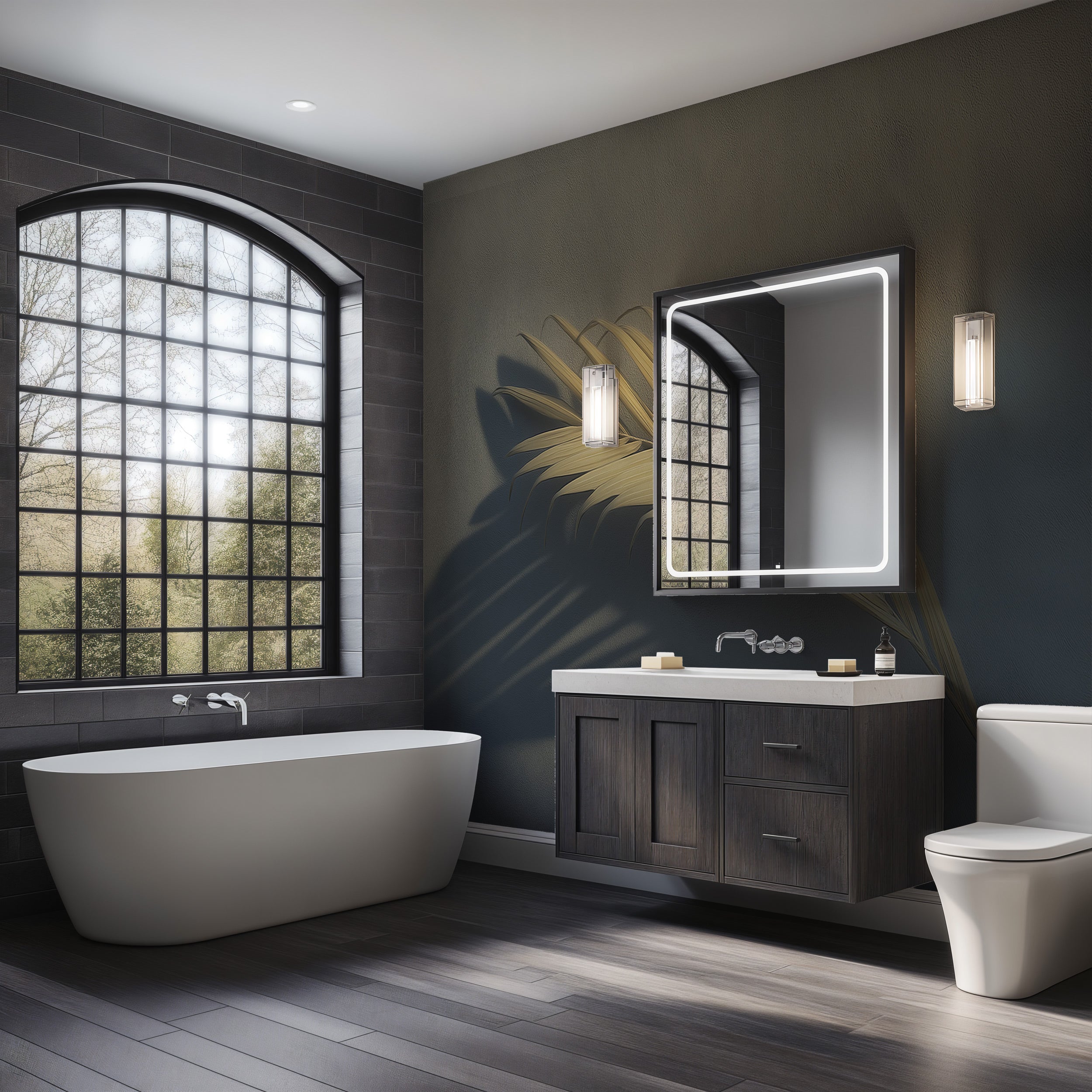 Golden palm leaf mural inspired bathroom with dark walls, large arched window, modern vanity, and illuminated framed mirror a
