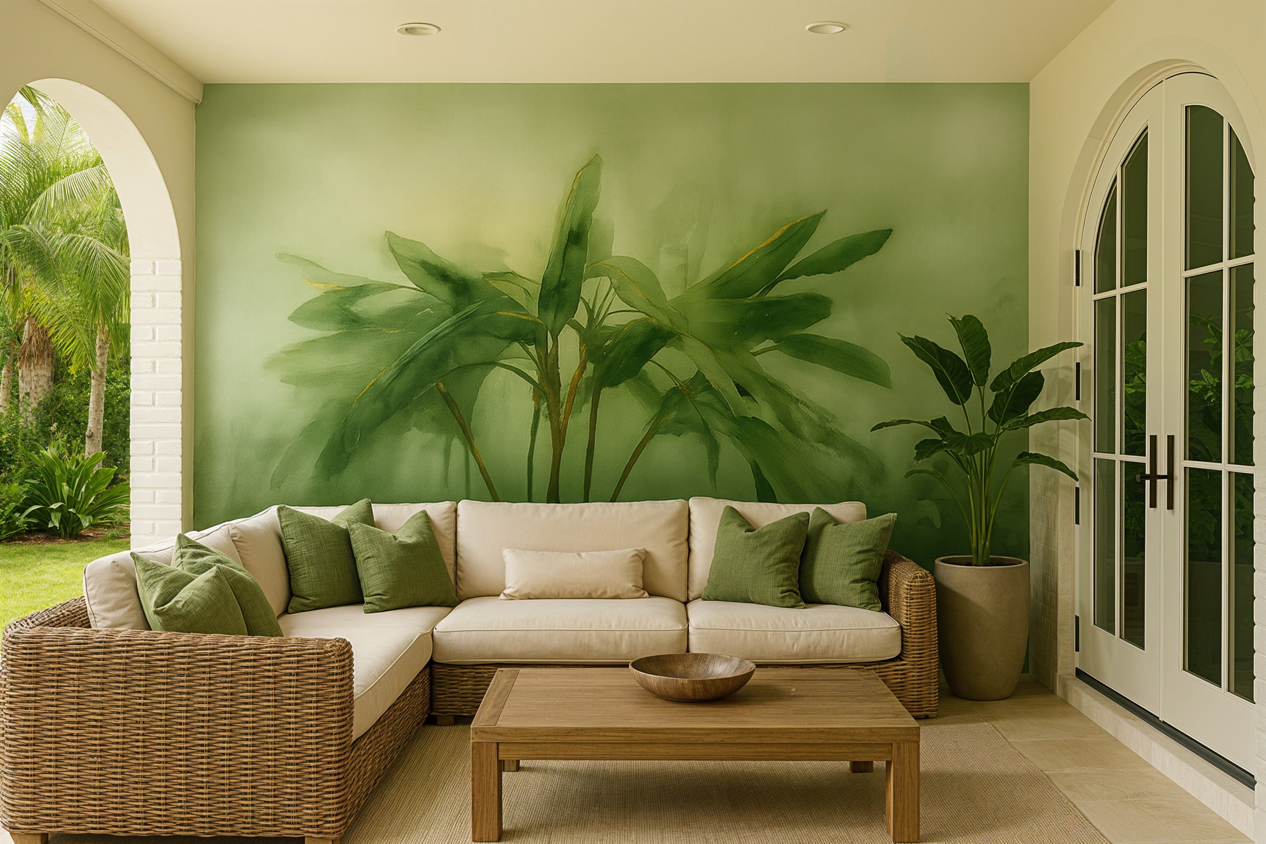 Watercolor tropical palm mural in a serene sage green room with a beige sectional, matching green cushions, and tropical plan