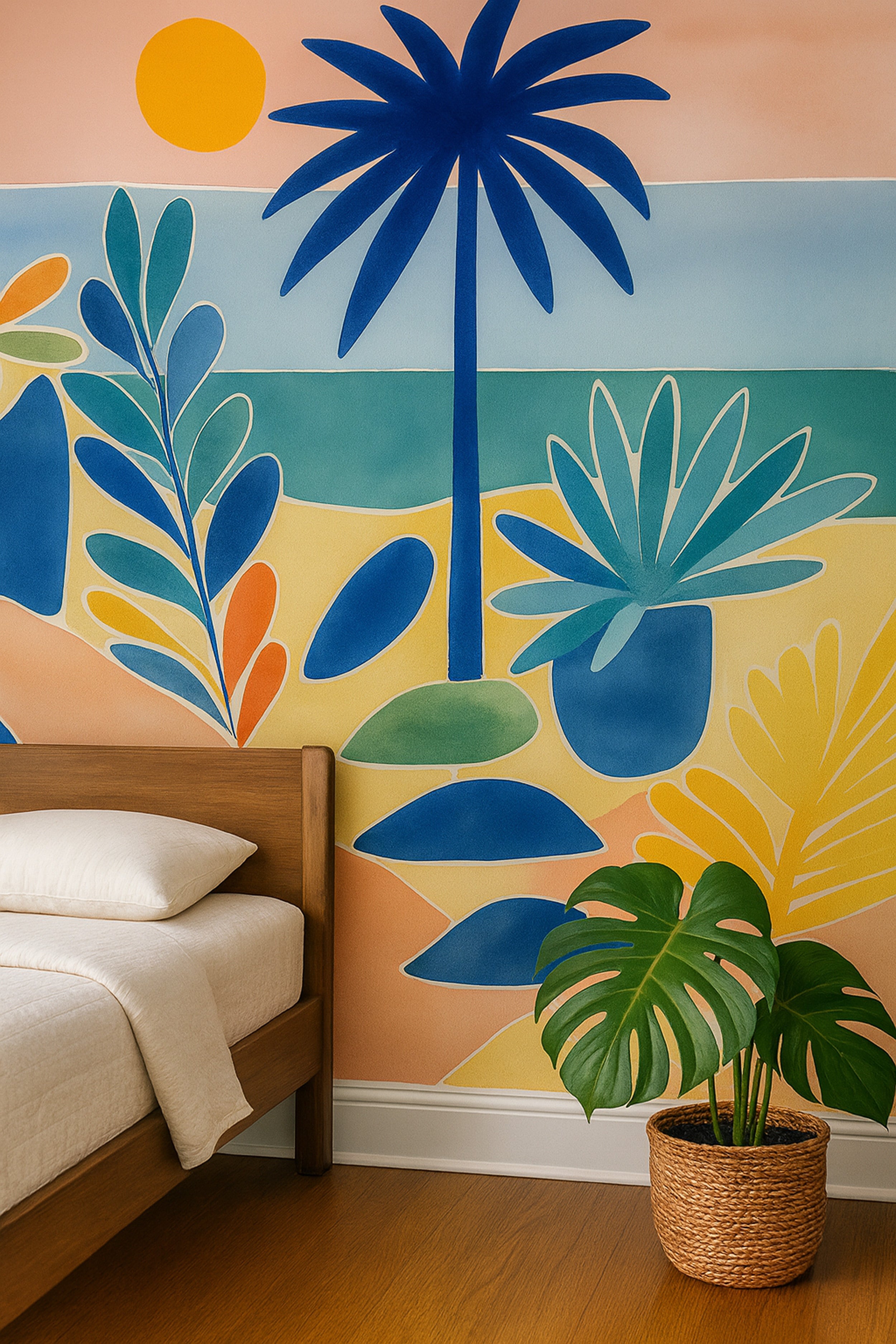 Vibrant tropical paradise mural with blue palm trees and abstract foliage in blues, teals, oranges, and yellows behind a wood