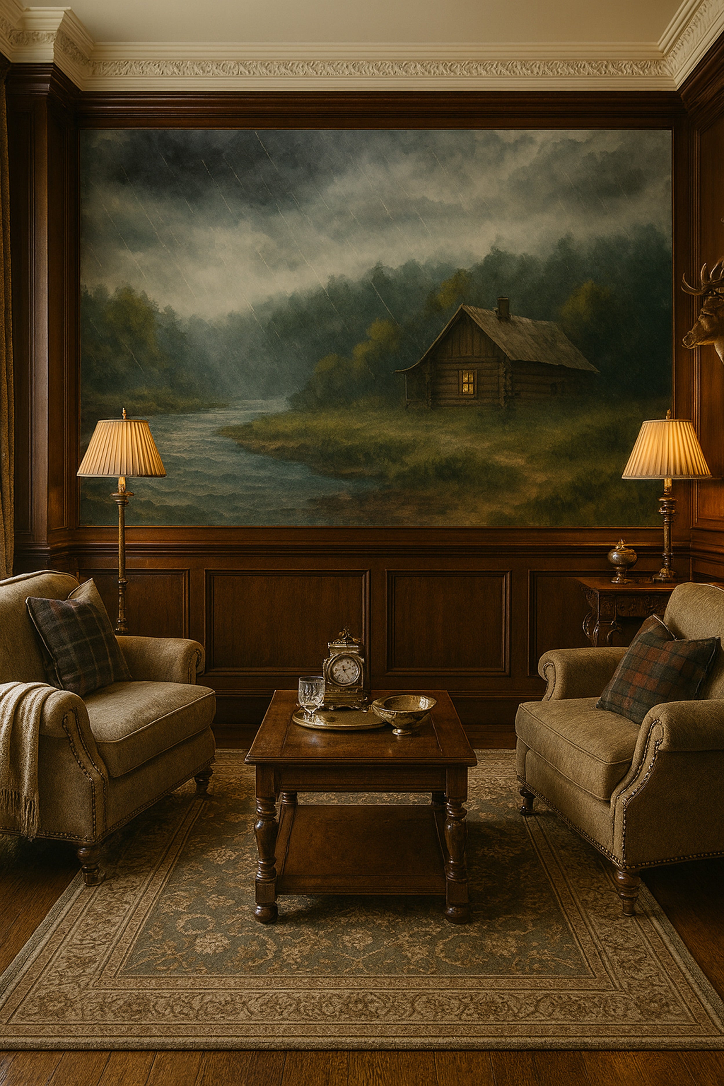 Rainy forest cabin mural scene in a cozy wood-paneled living room with warm lighting, depicting a stormy sky over a cabin by