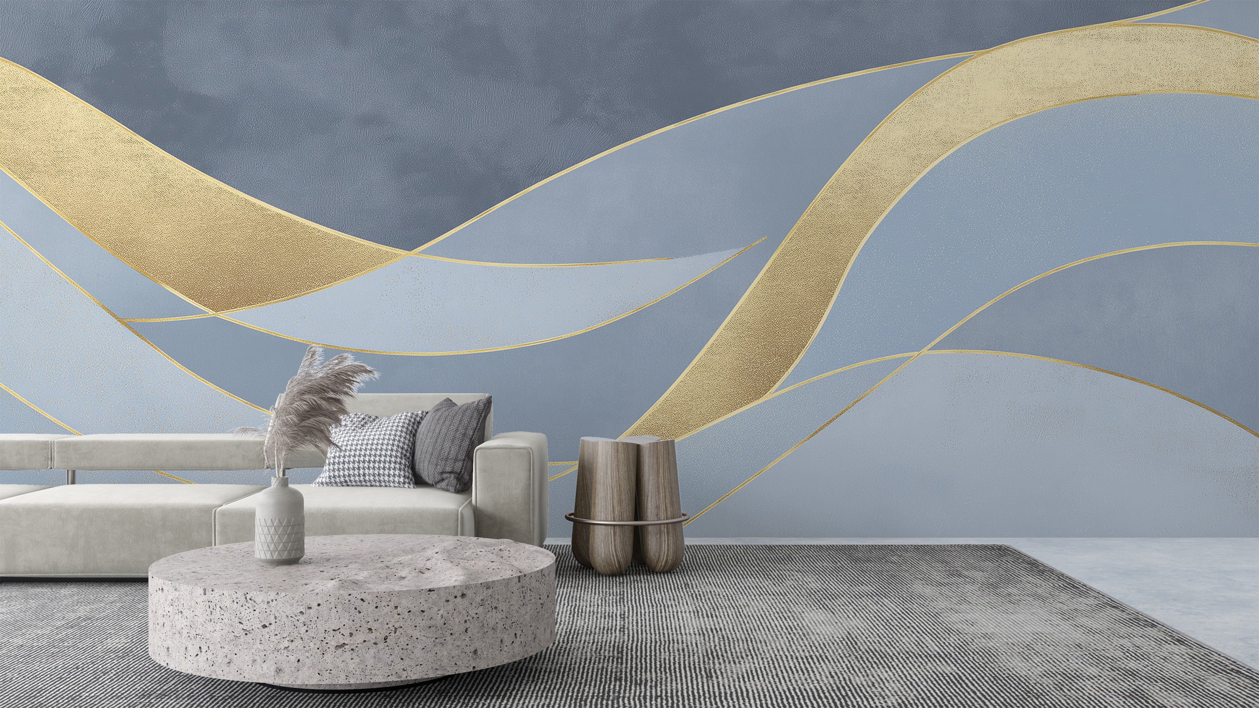 Abstract golden curves mural on blue grey wall with flowing gold ribbons in a modern living room setting with neutral sofa an