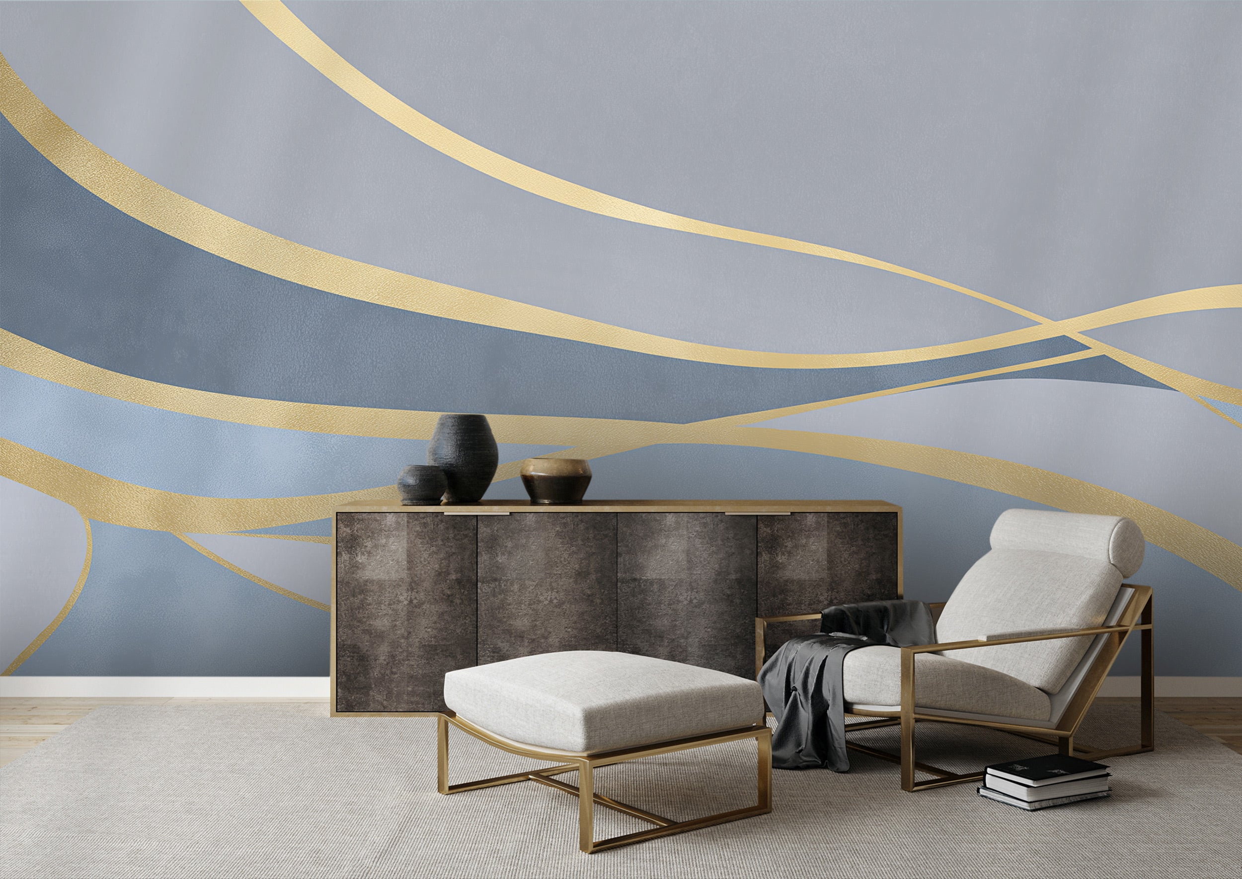 Abstract mural with flowing gold lines on blue grey wall, modern living room featuring a gold-trimmed sideboard and beige lou