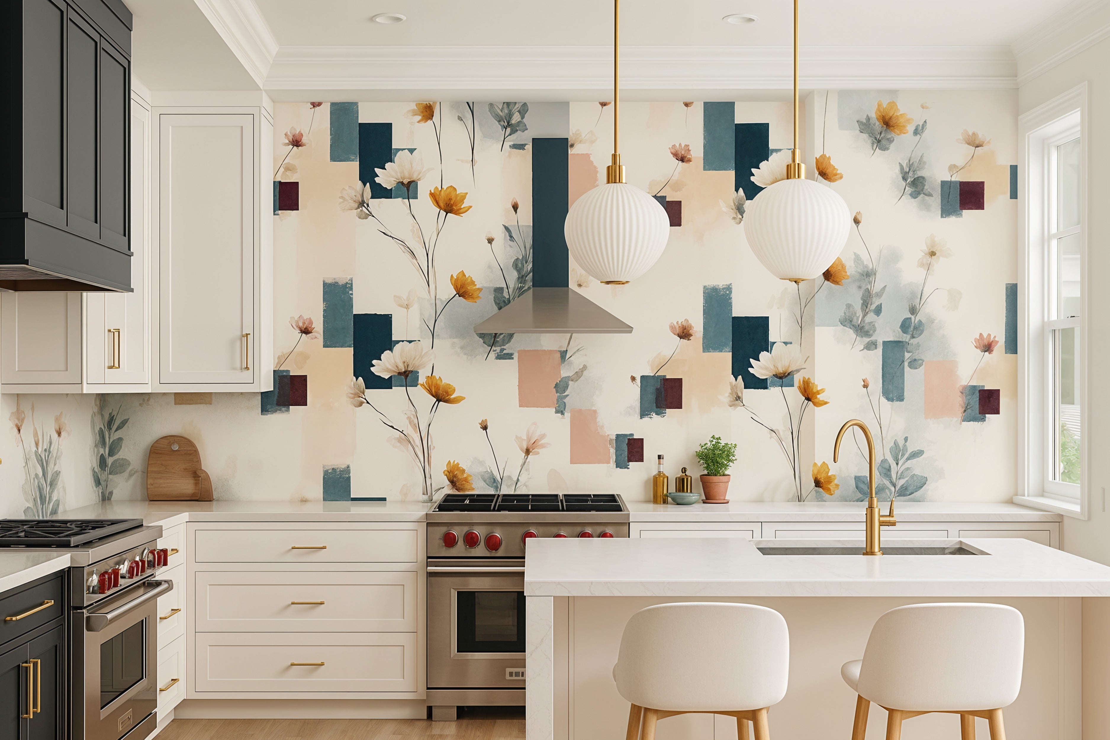 Abstract floral wallpaper with geometric shapes in navy teal peach and coral shown in a bright modern kitchen setting with wh