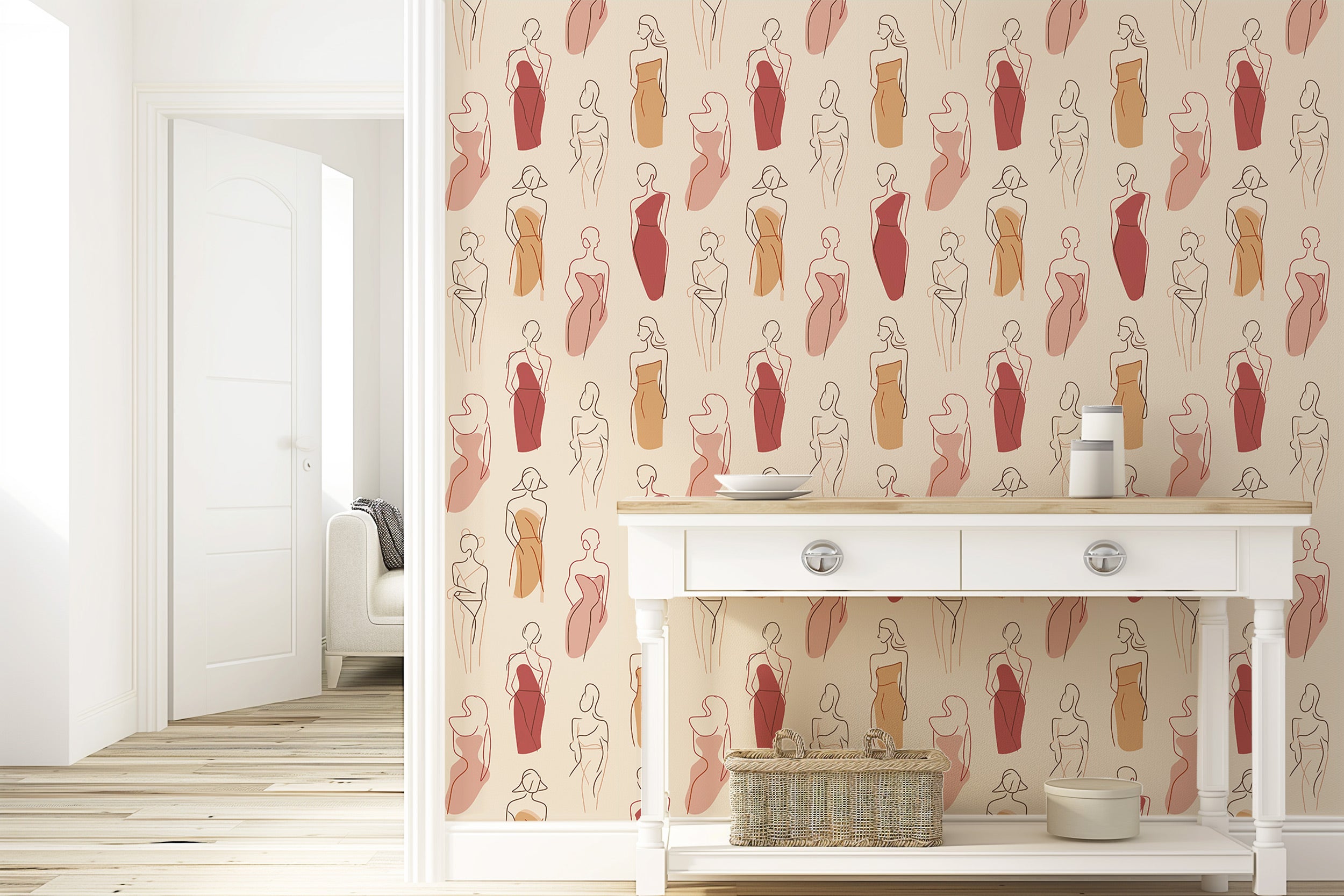 Removable abstract fashion figure wallpaper in terracotta and rose tones with elegant line drawings on warm beige backdrop in