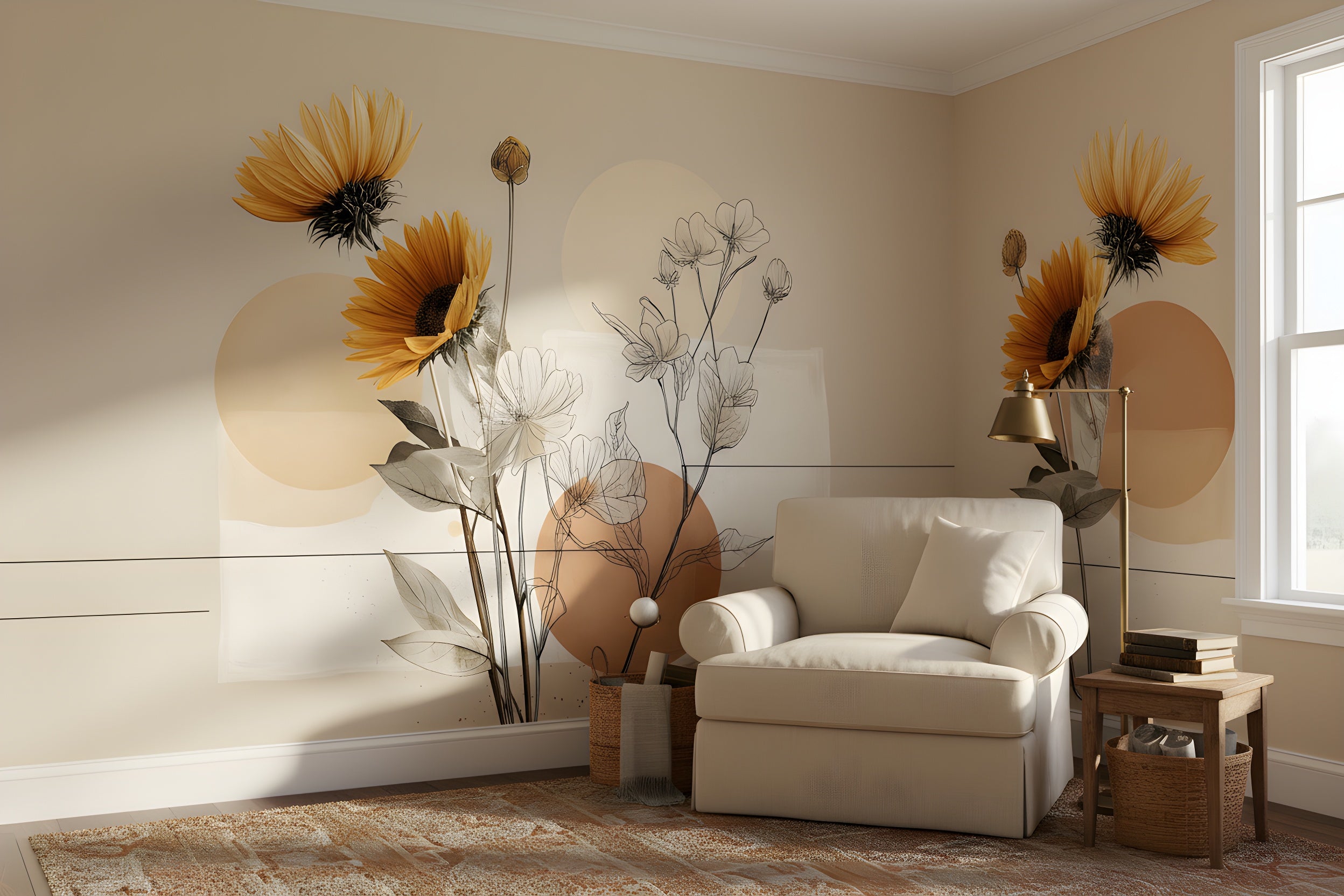 Abstract floral mural with orange sunflowers and delicate line flowers on a beige neutral wall in a cozy living room with geometric circles and soft