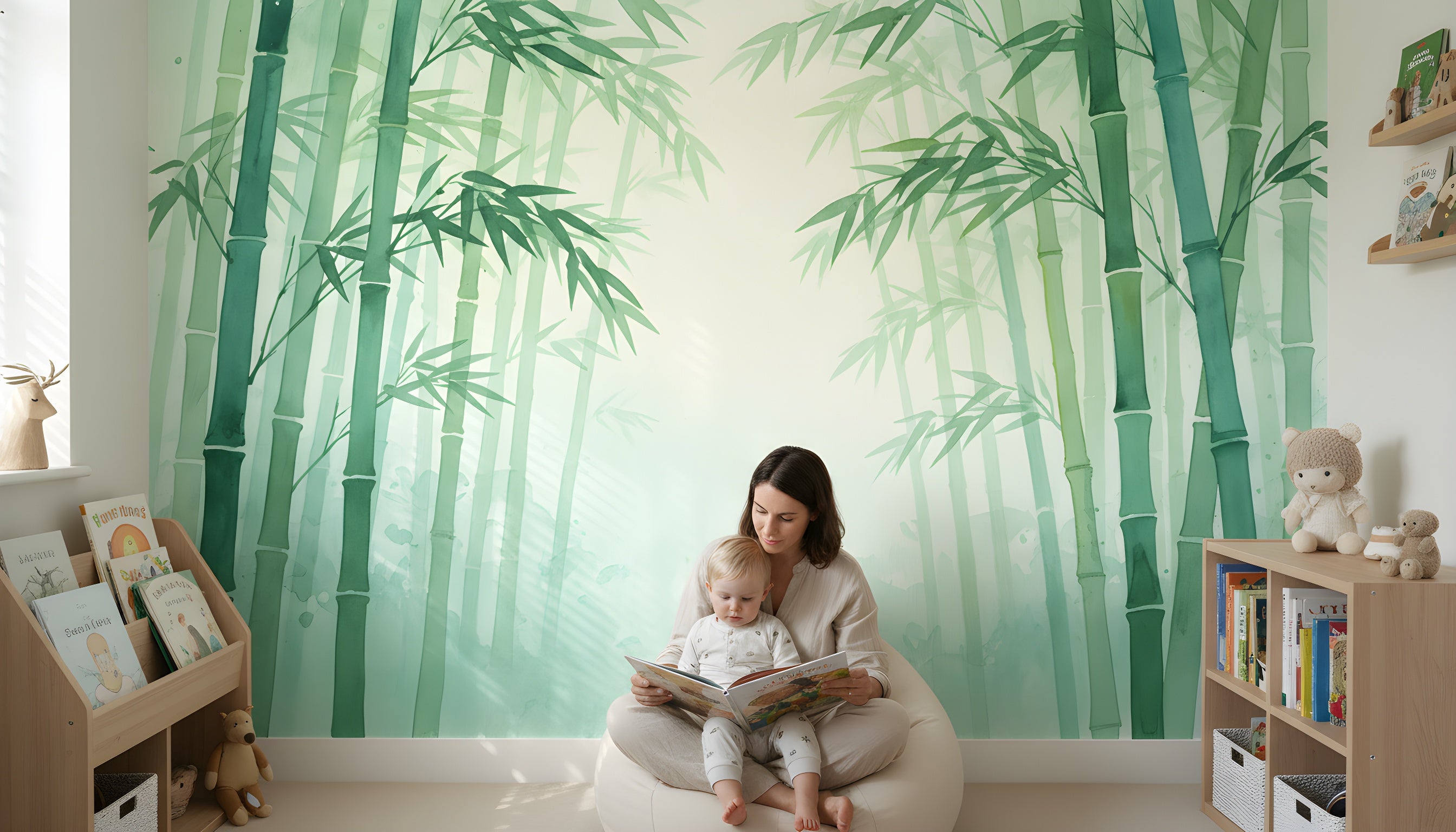 Watercolor bamboo forest mural in a bright, calming green tones fills a cozy kids’ reading corner with a mother and child sitting on a bean bag