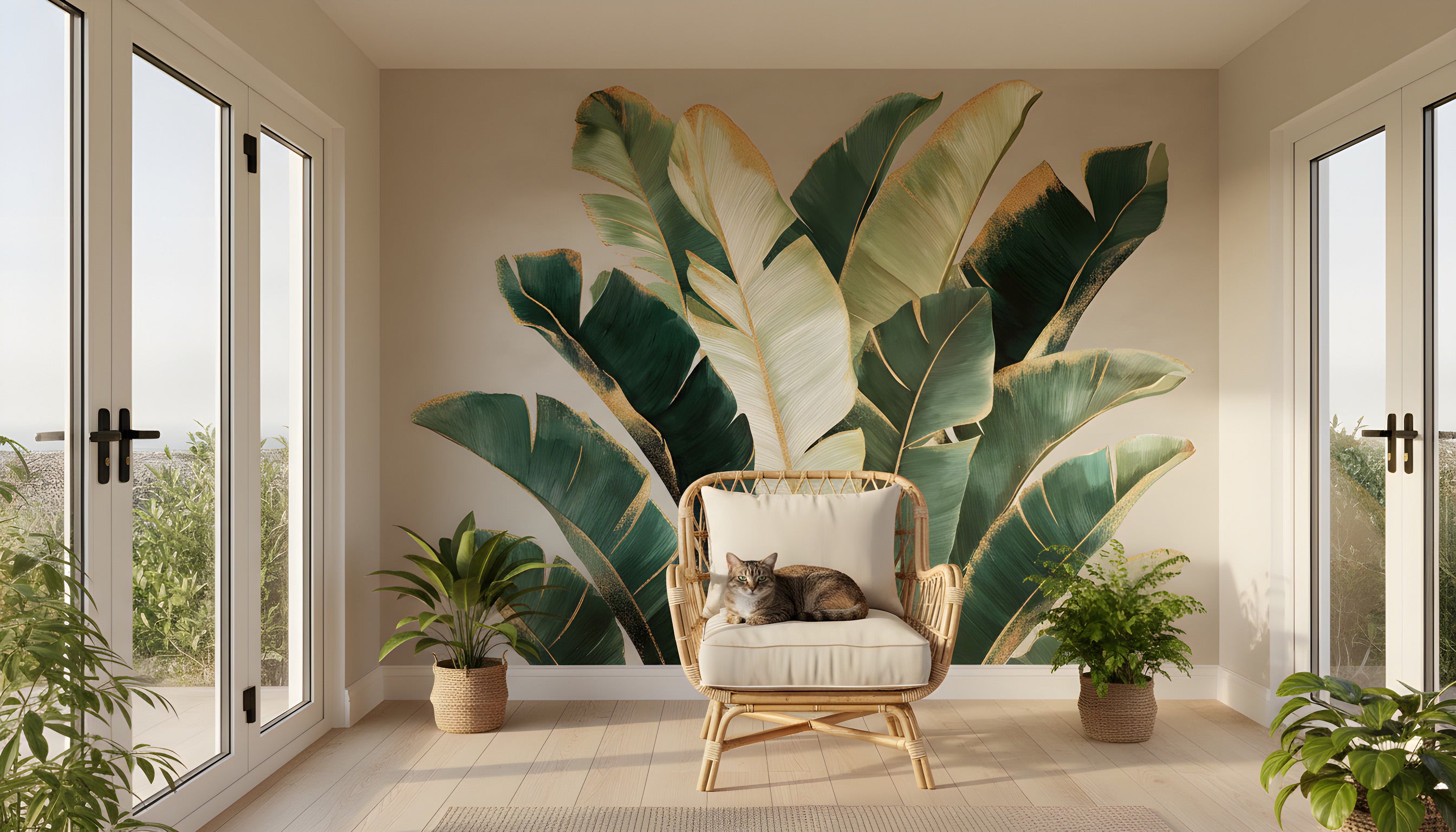 Vibrant tropical banana leaf mural in emerald green and gold tones adorning a sunlit living room wall with a wicker chair and potted plants for a