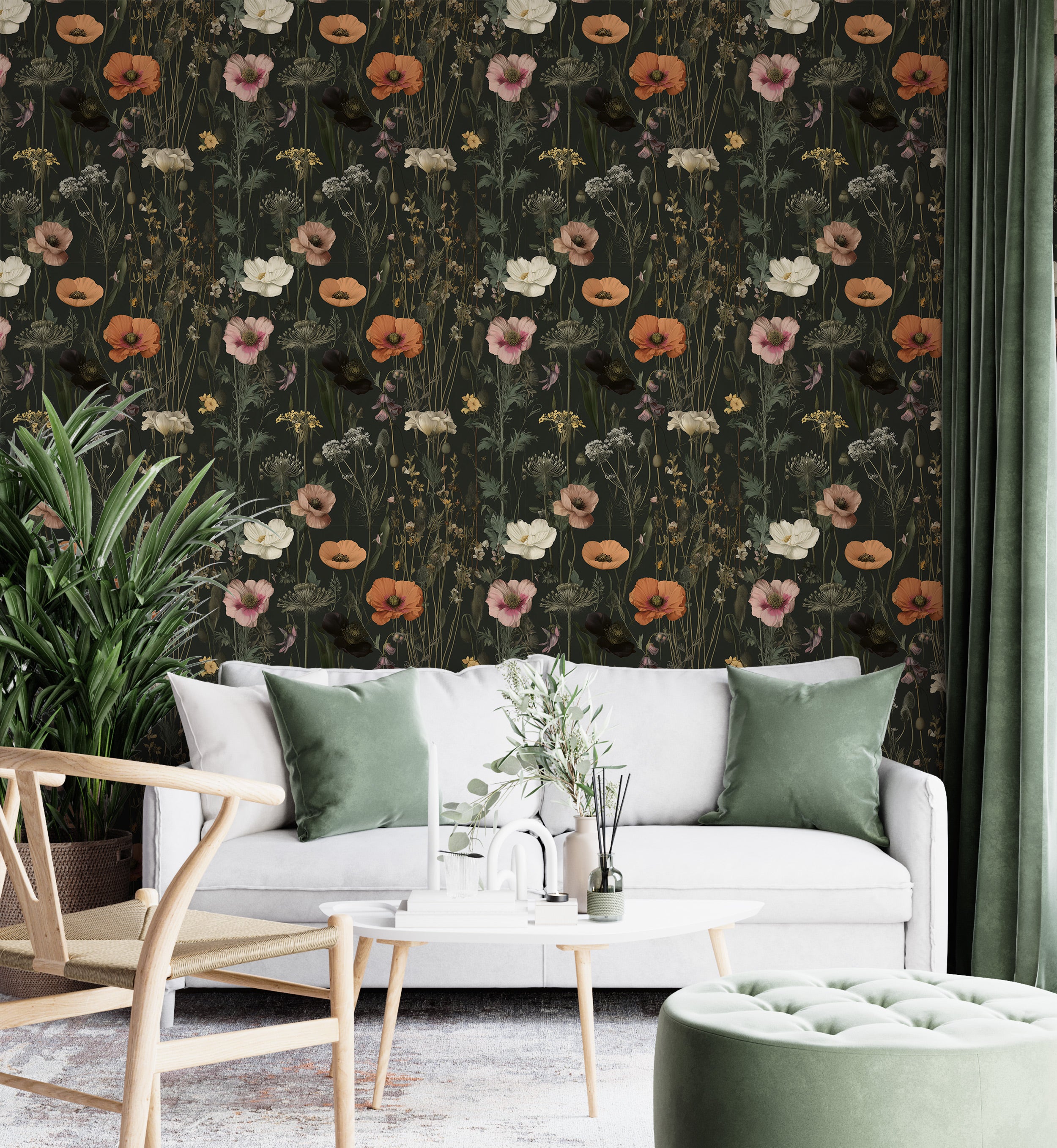 Dark green wall with dark moody floral wallpaper featuring orange, pink, cream flowers and botanical stems in a living room s