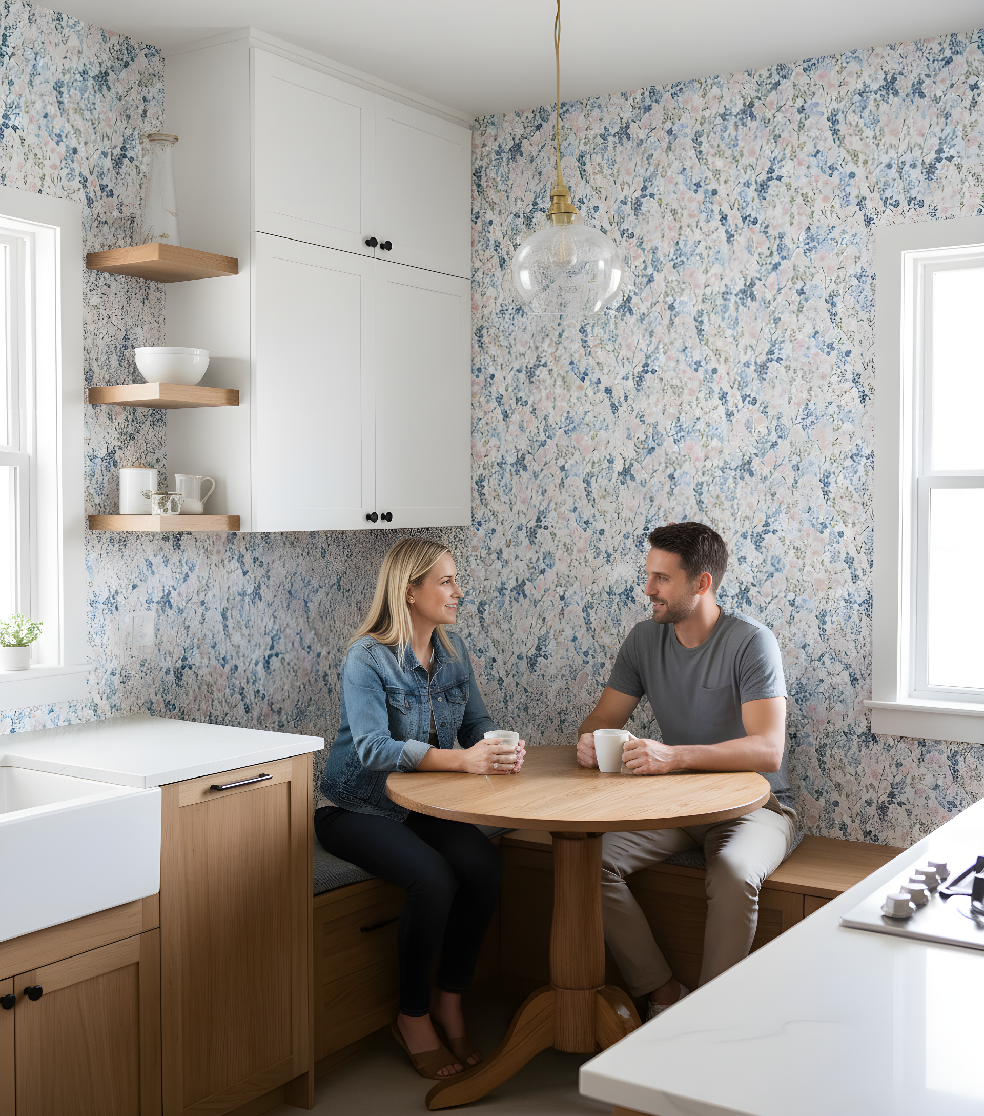A bright kitchen with white cabinets and a blue-pink wildflower wallpaper, a wooden breakfast nook, and a couple chatting at