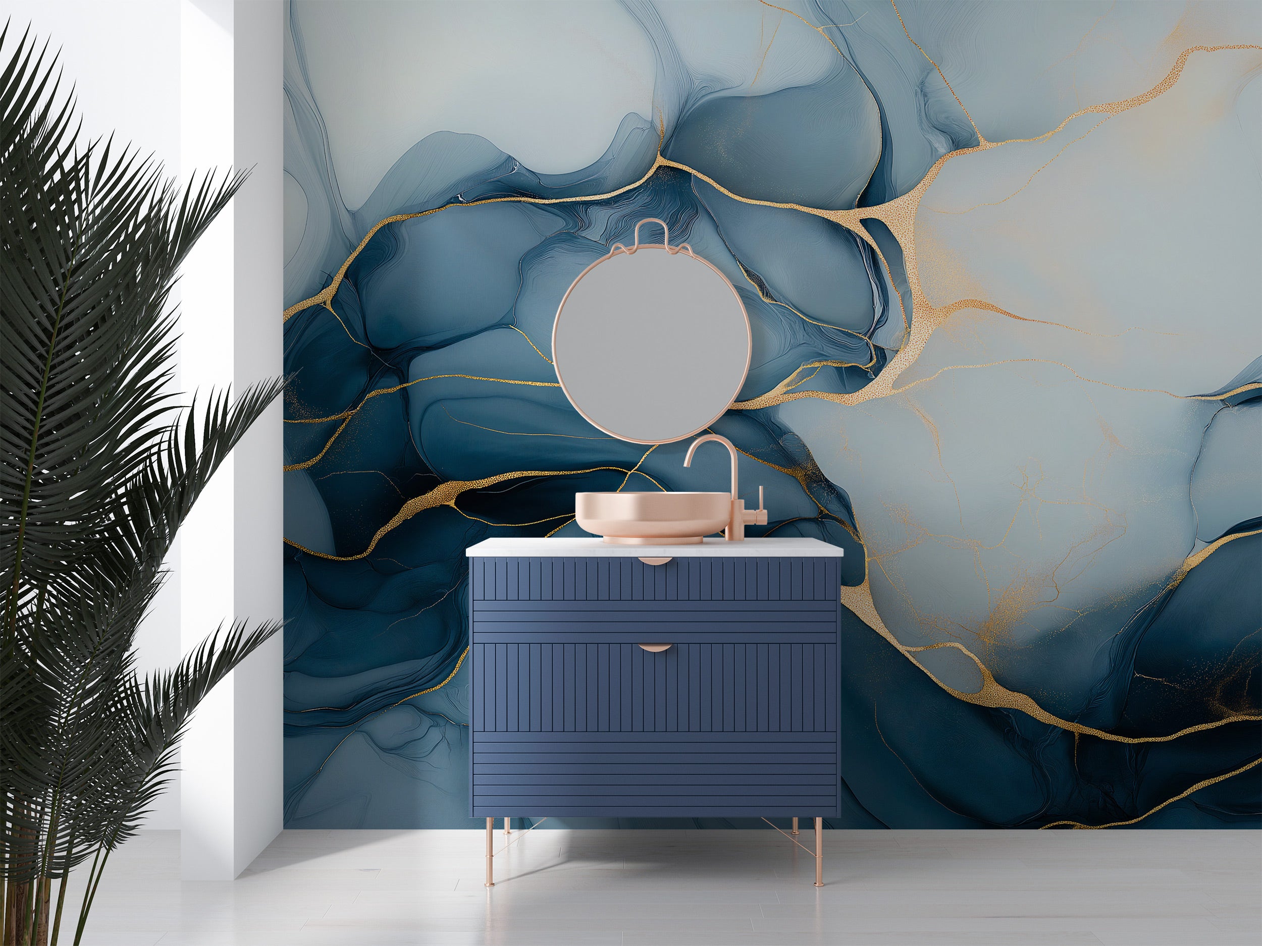 Blue abstract marble mural with gold veining in a modern bathroom vanity setting, deep navy and powder blue swirls with gold