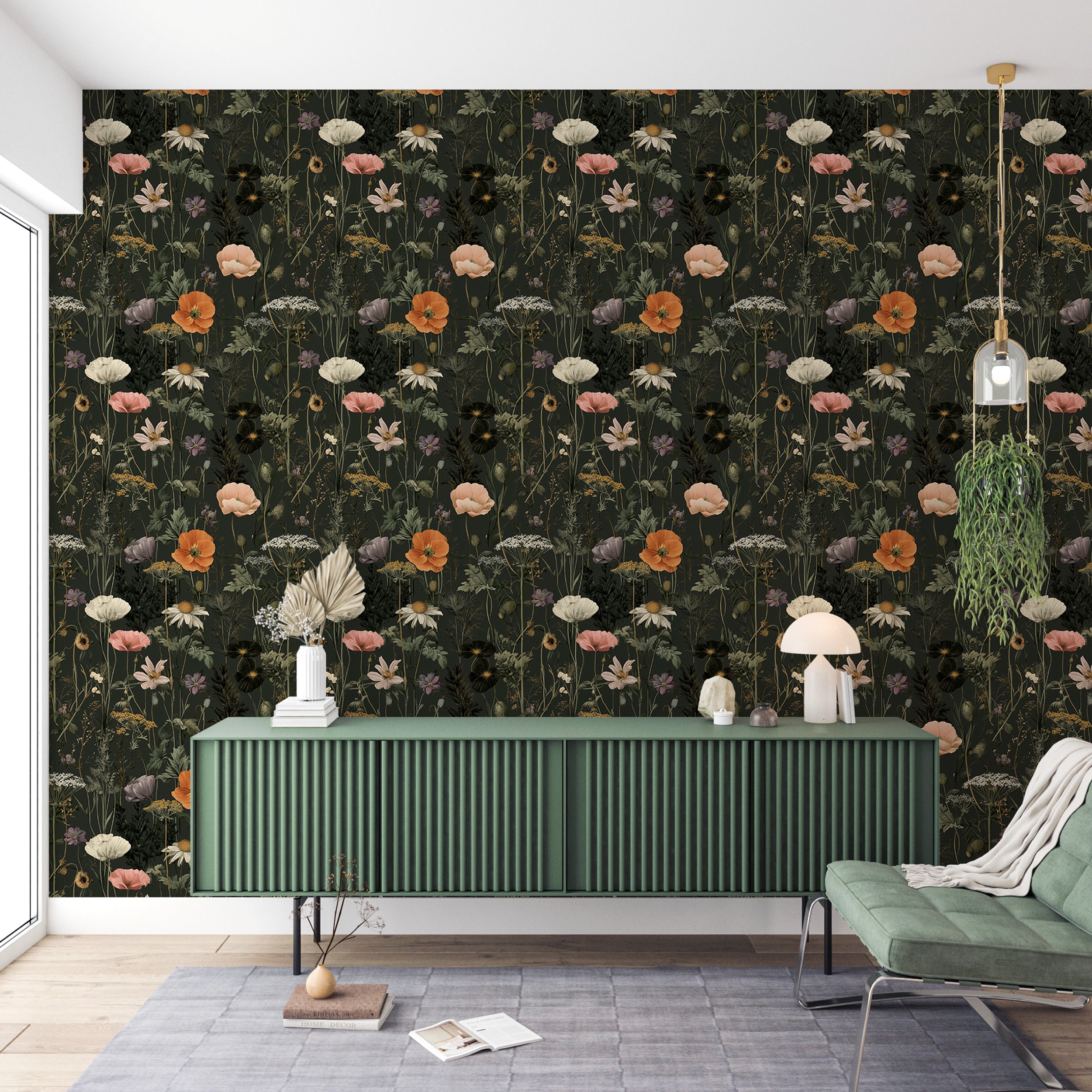 Dark green botanical wallpaper with wildflowers and poppies in a living room setting with a green buffet against a dark flora