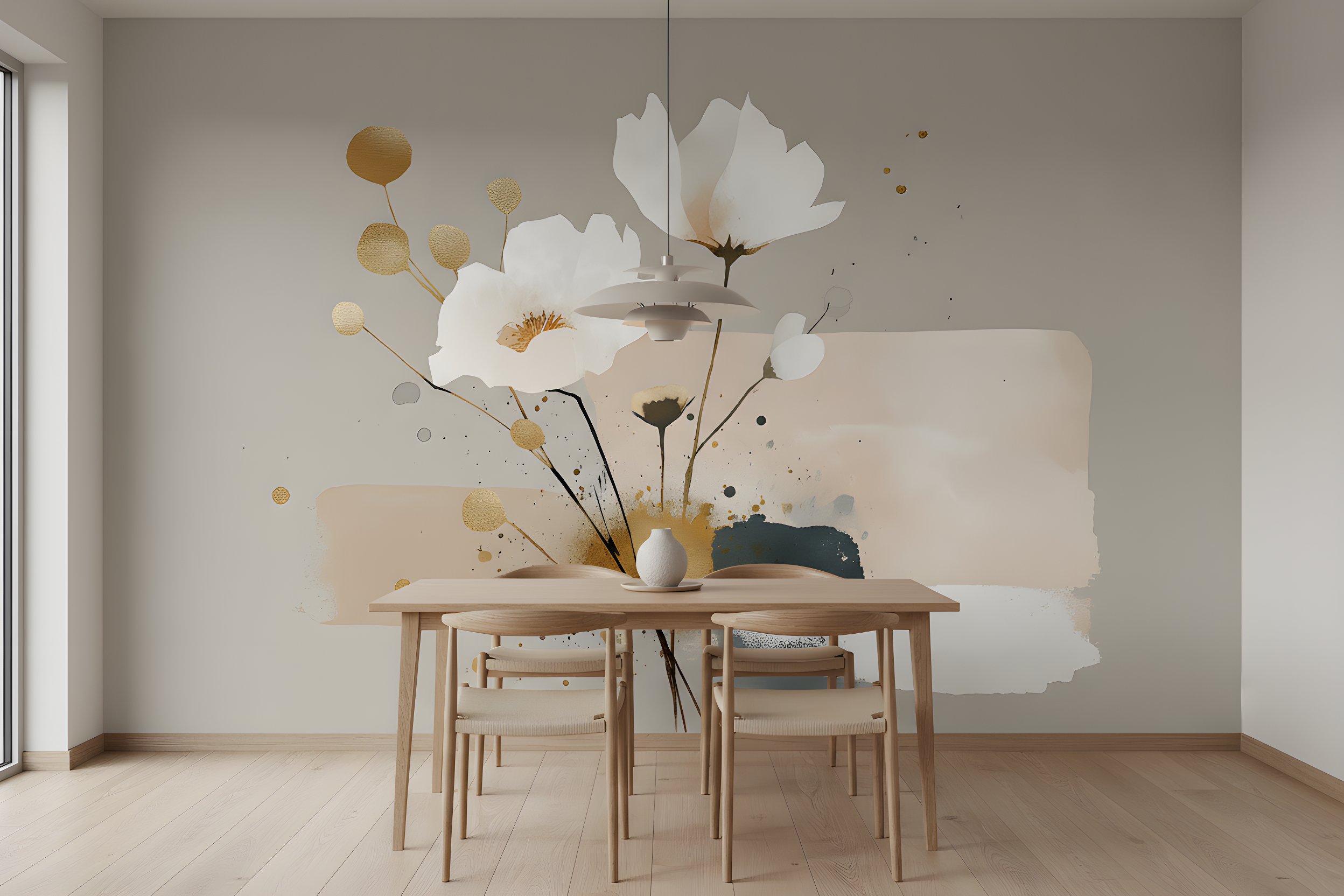 Abstract floral mural with white cosmos flowers and watercolor beige teal gold background in a modern dining room setting featuring a wooden table