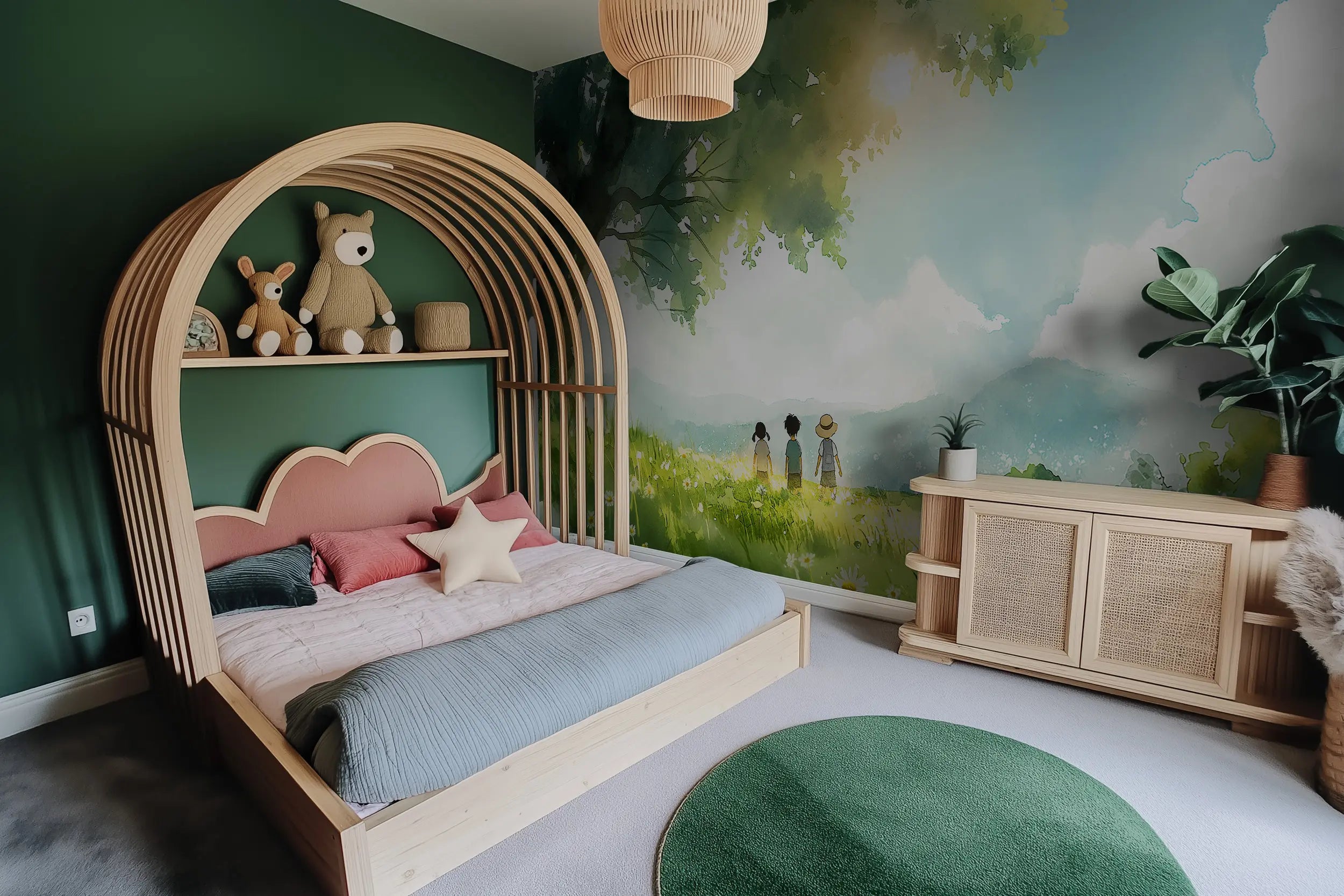 Children under the tree wall sticker with flowers