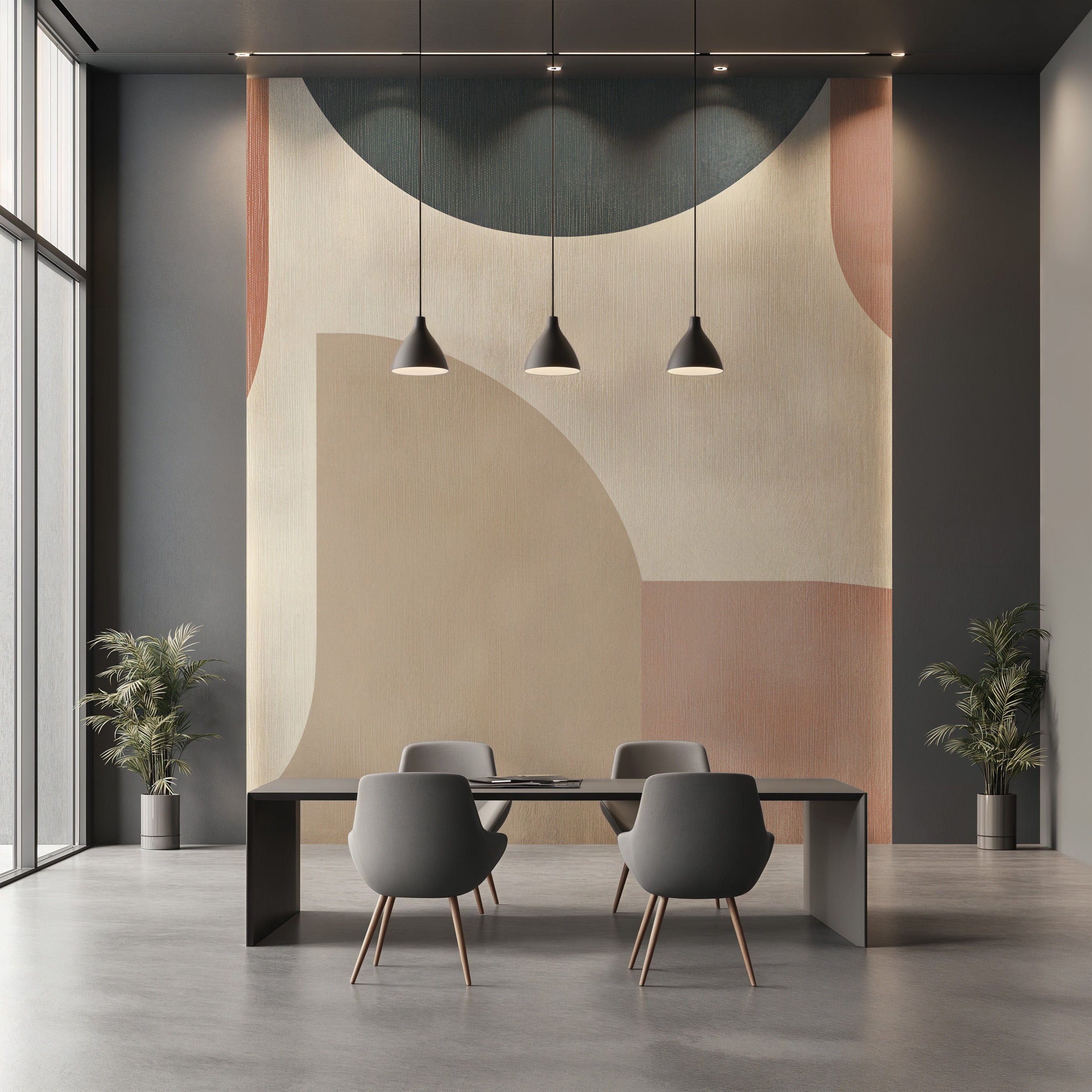 Abstract geometric mural in terracotta charcoal beige and pink tones on a modern office wall, with a black dining table and f