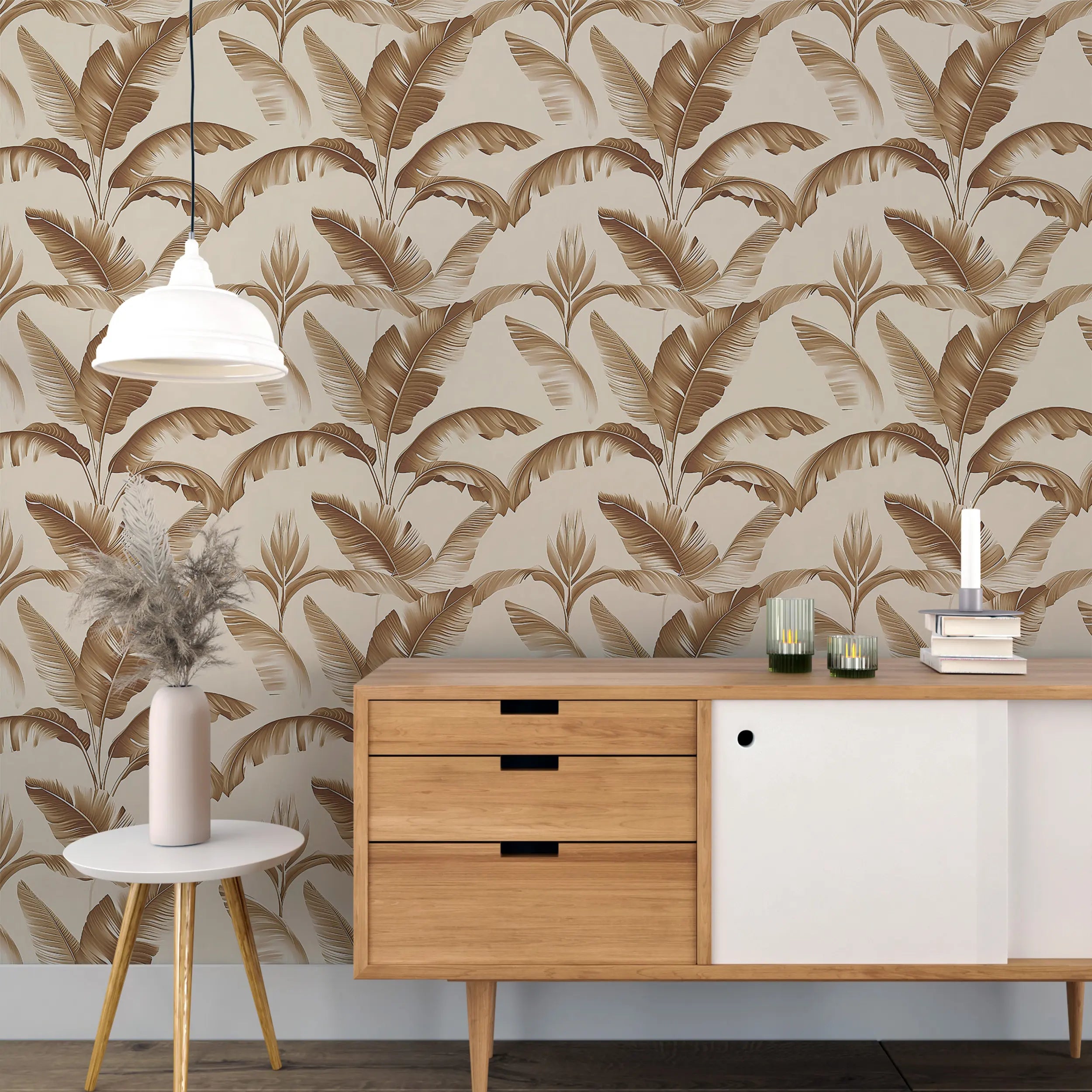 Custom beige leaf wallpaper