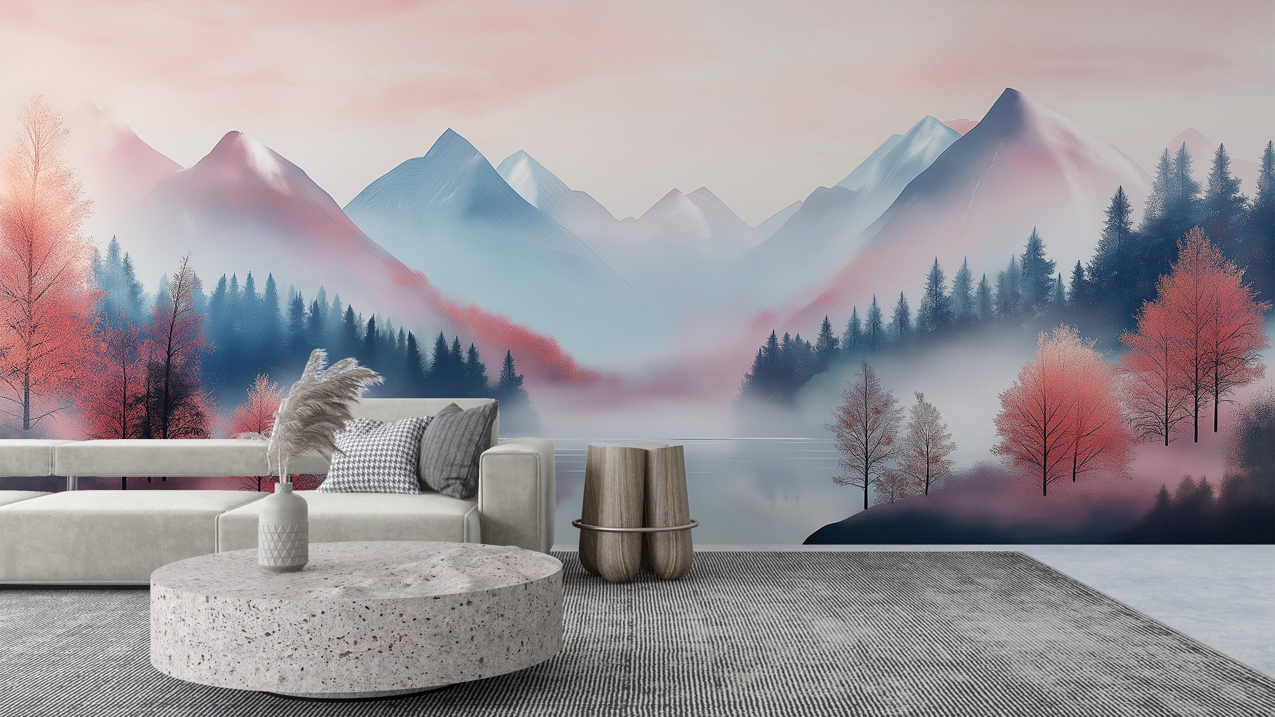 Serene mountain lake mural in a pastel pink and blue dawn, misty forest framing waterside living room with pale sofa and text