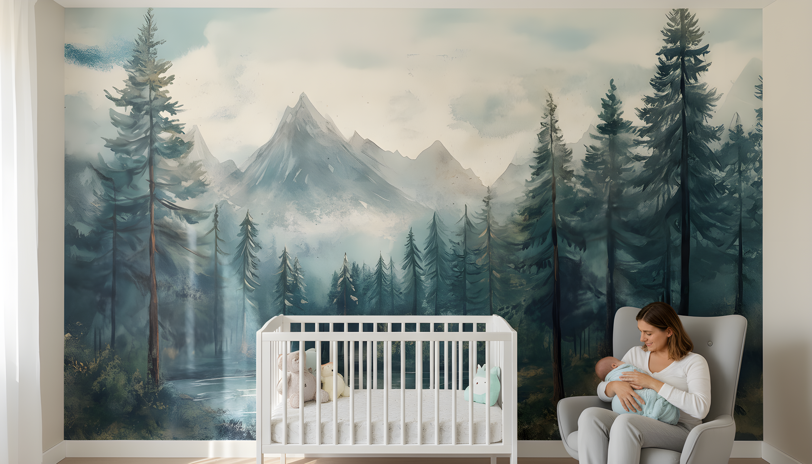 Watercolor mountain forest mural featuring tall evergreen trees, misty peaks, and tranquil lake reflected in a serene bedroom nursery setting with a