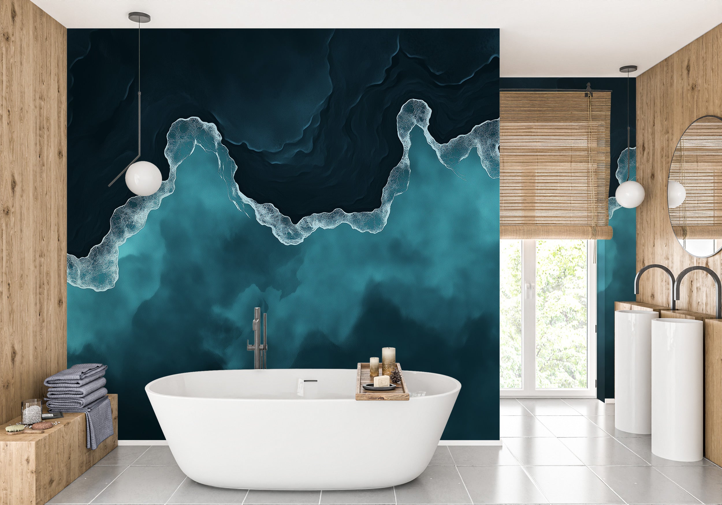 Ocean waves mural in a bathroom featuring teal and navy blue tones with a dramatic coastline behind a freestanding white tub