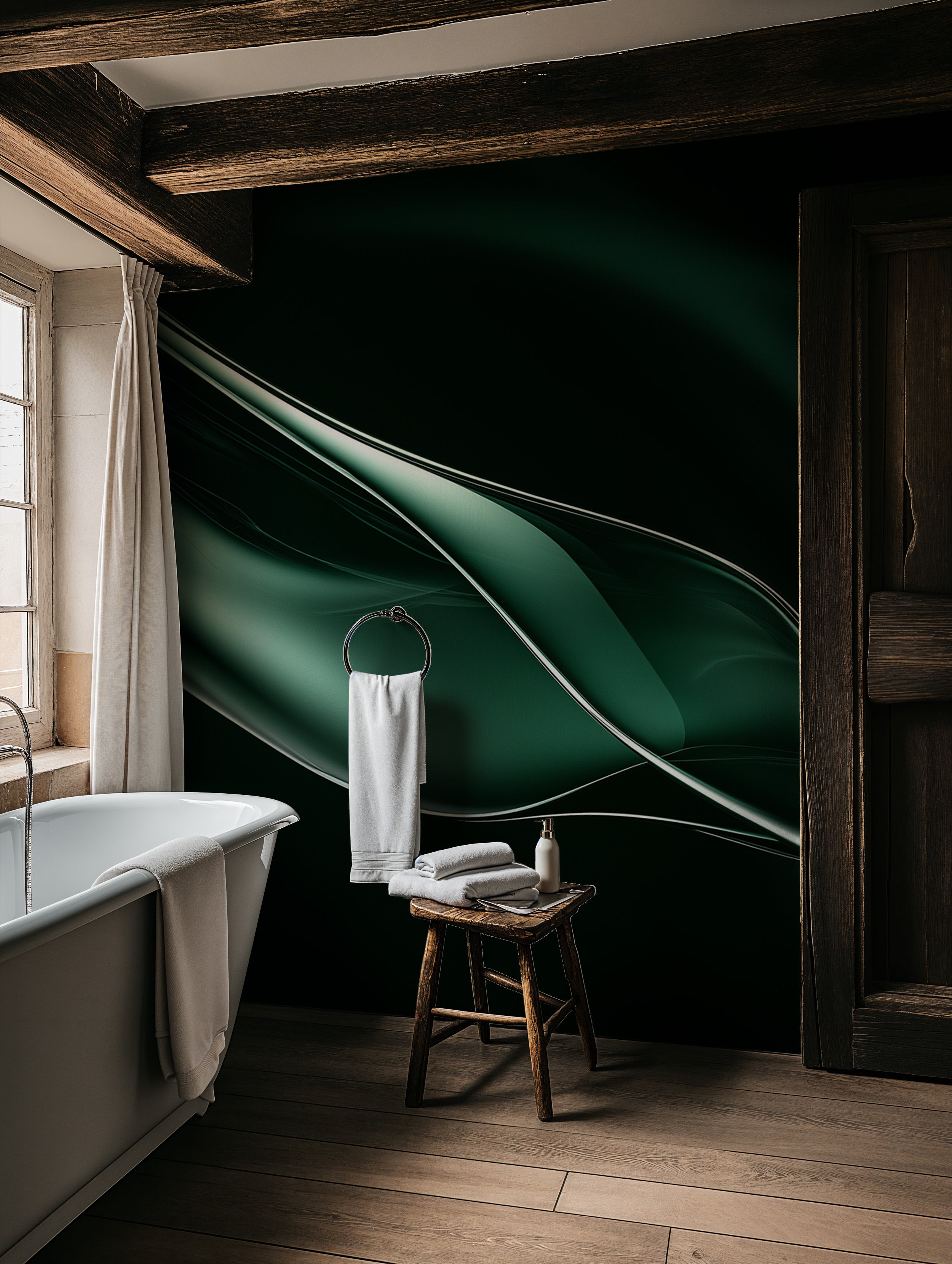 Emerald abstract flow mural in a modern bathroom setting with a freestanding tub and dark green with flowing curves on a wall