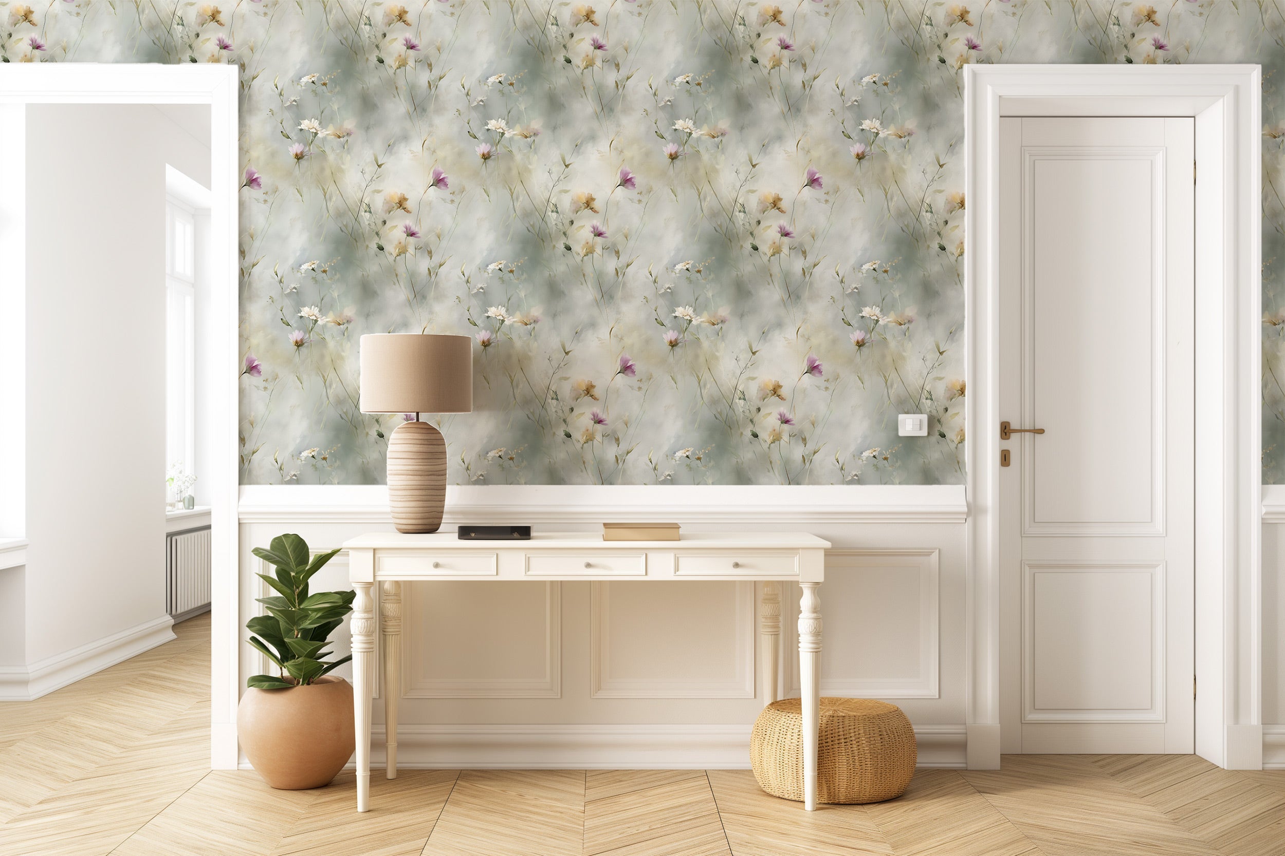 Watercolor wildflower wallpaper with white cosmos and purple blooms on a soft neutral wall in a bright hallway with a white c