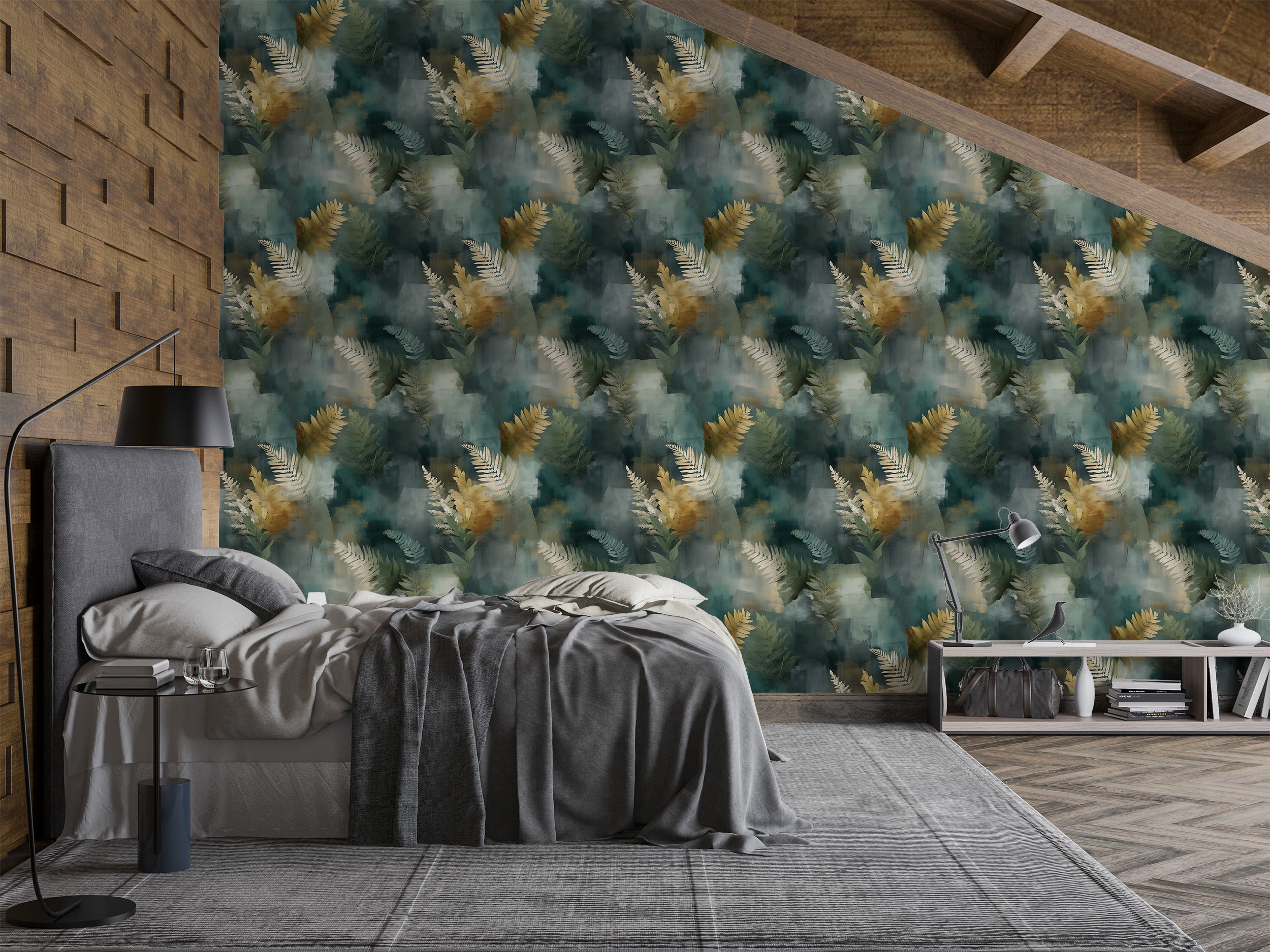 Abstract botanical wallpaper with golden ferns on teal background in a modern bedroom setting with a bed and wood accents
