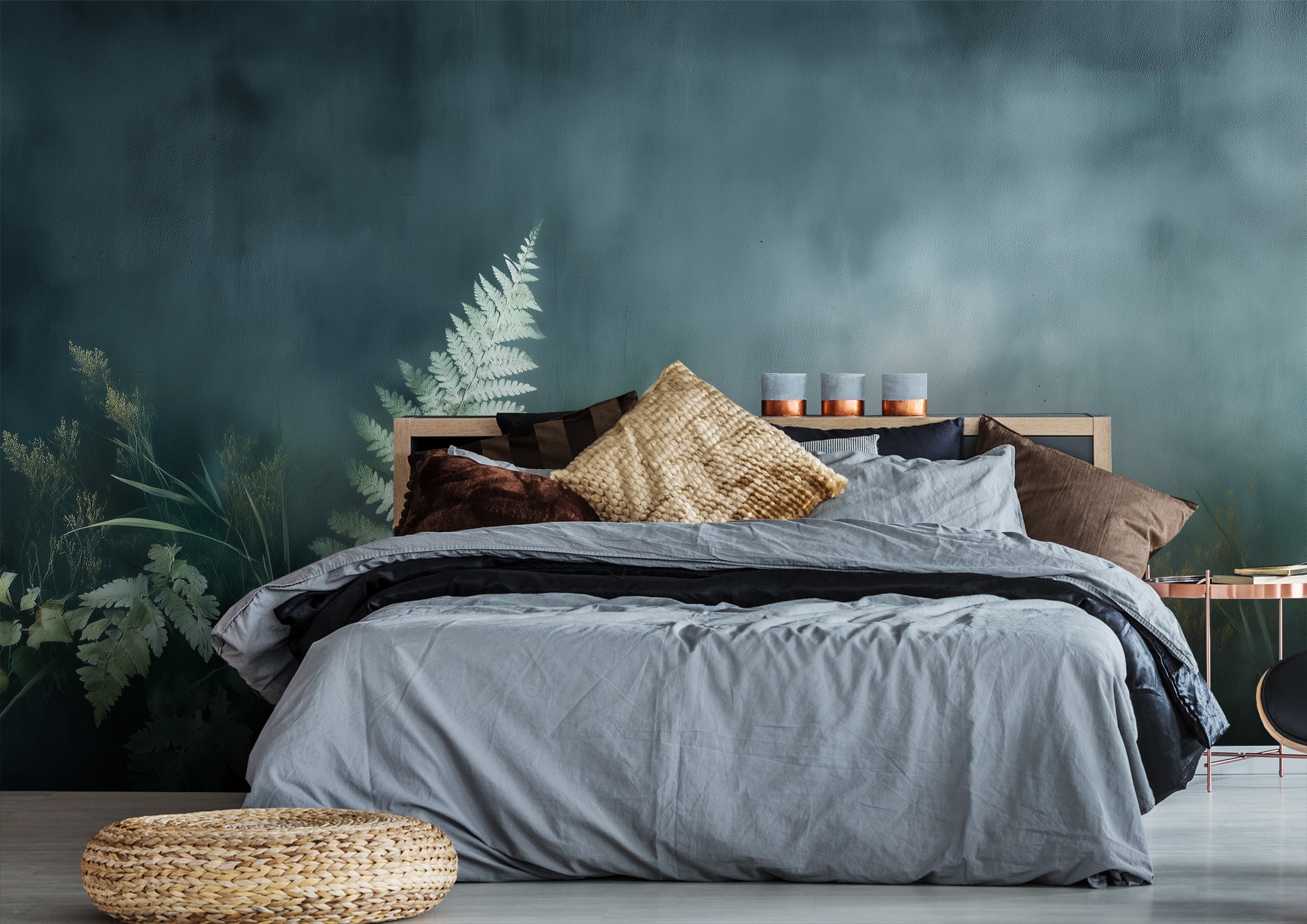 Teal forest mural with ferns behind a modern bed in a calm bedroom using botanicals and muted greens