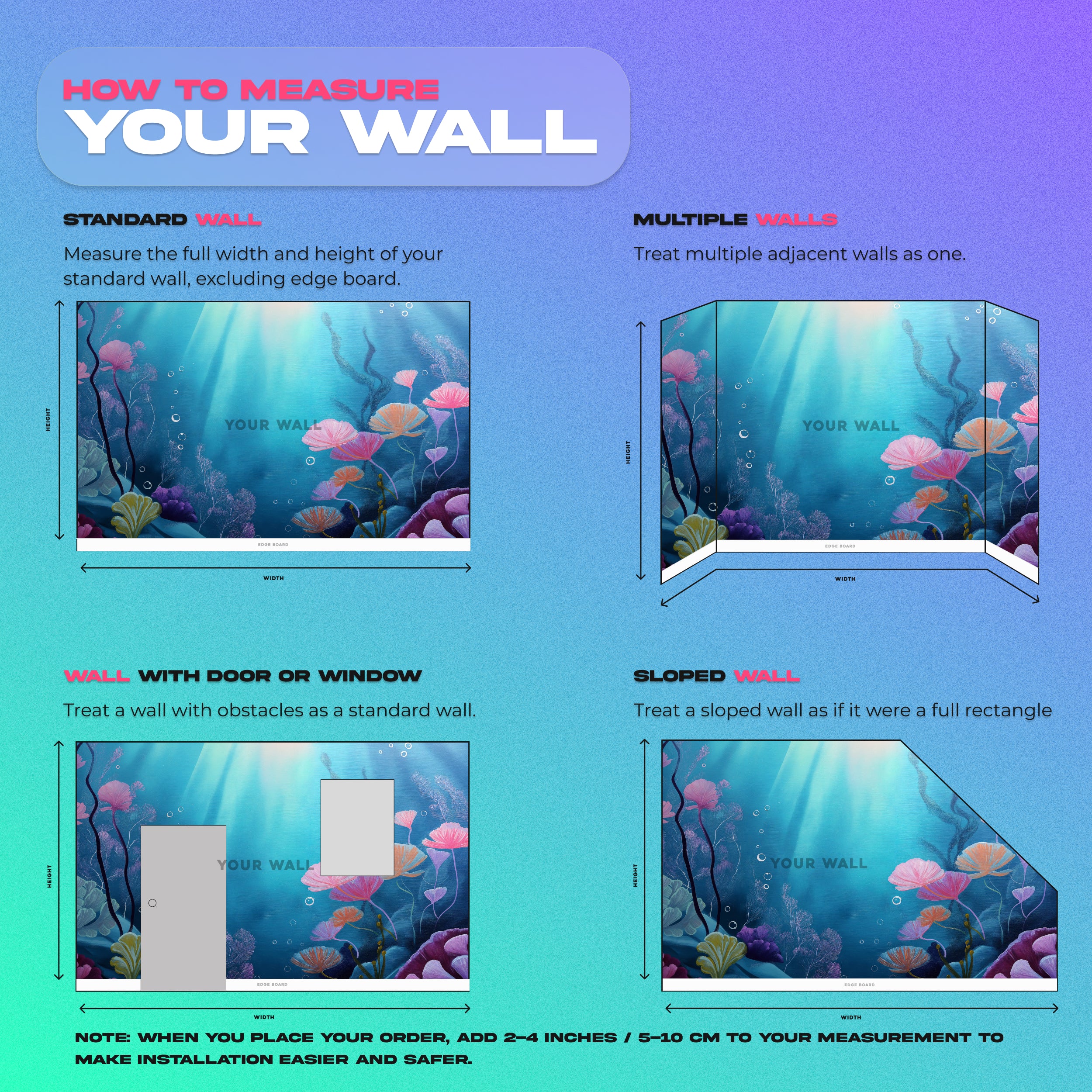 Underwater coral reef mural with vibrant blues and pinks, tropical fish and bubbles shown on ocean-themed wall art in custom