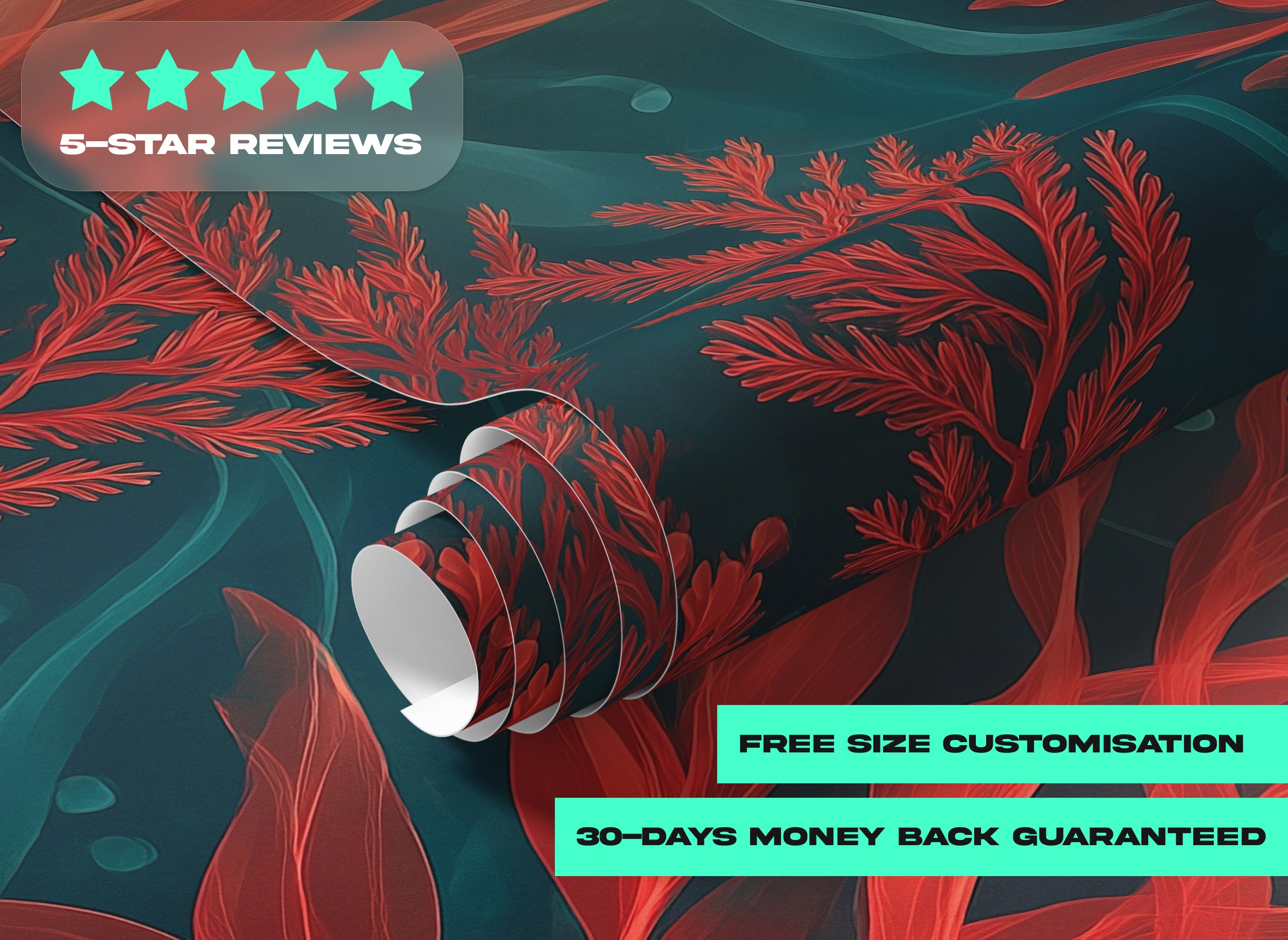 Underwater seaweed and red coral mural on teal background, ocean botanical wallpaper with flowing marine plants for modern in
