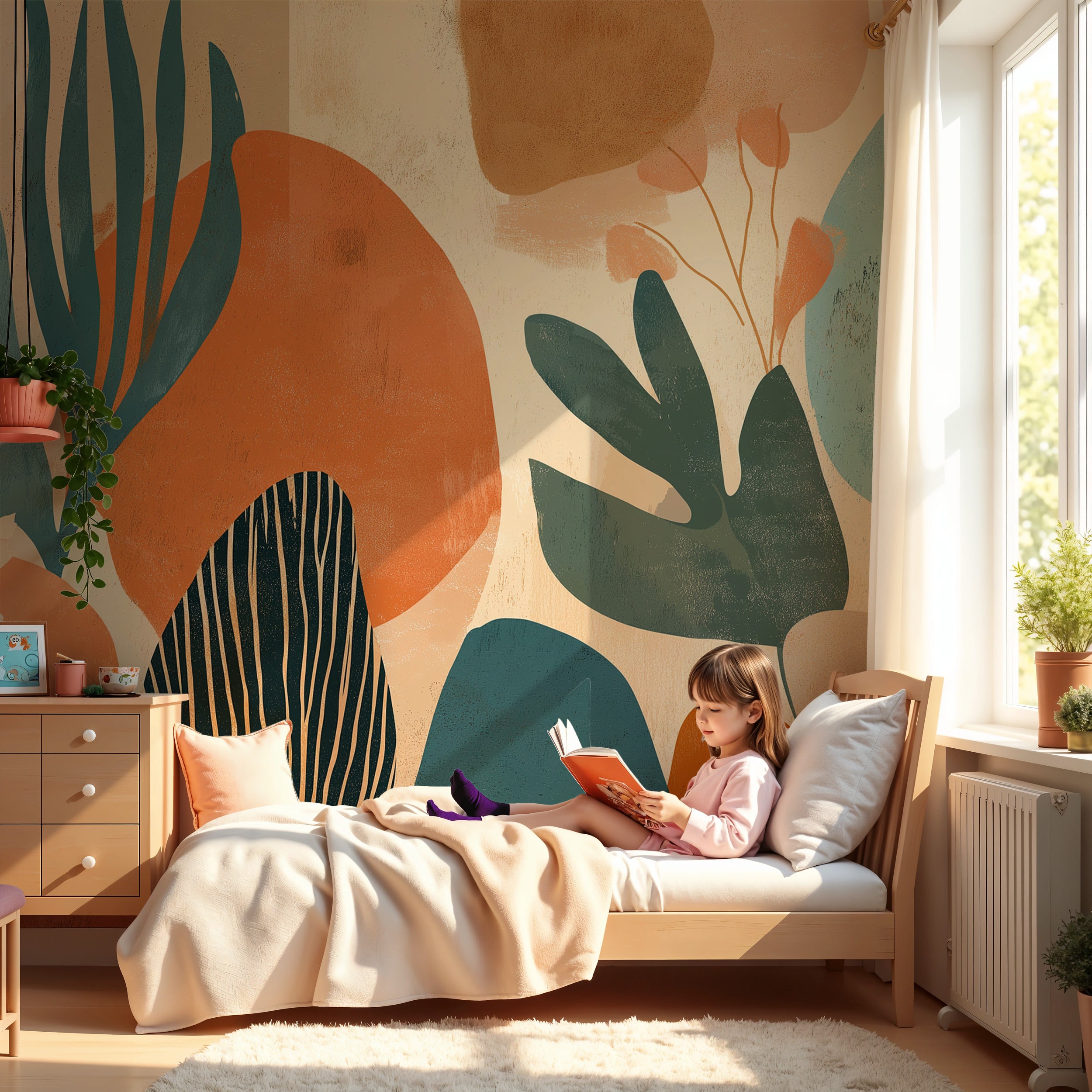 Abstract botanical mural in terracotta teal and beige tones with tropical leaves on a cozy bedroom wall setting