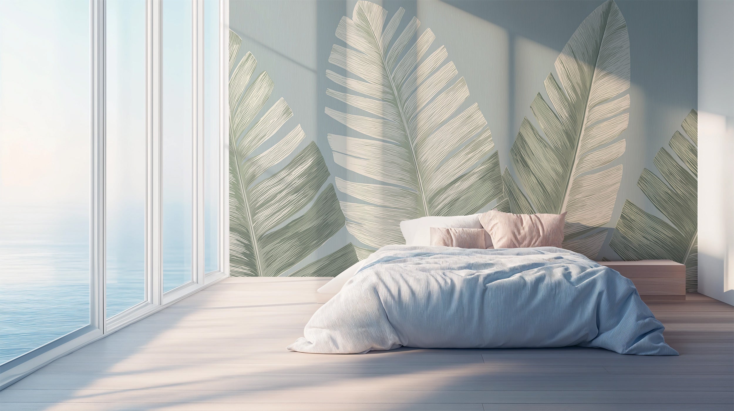 Calming sage green tropical banana leaf mural in a bright bedroom setting with large palm leaf wall art behind a low bed and