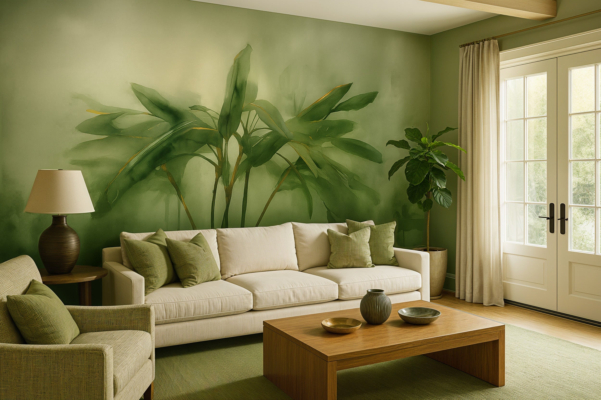 Watercolor tropical palm mural in soft green tones adorns a serene living room with cream sofa, green cushions, and a large h