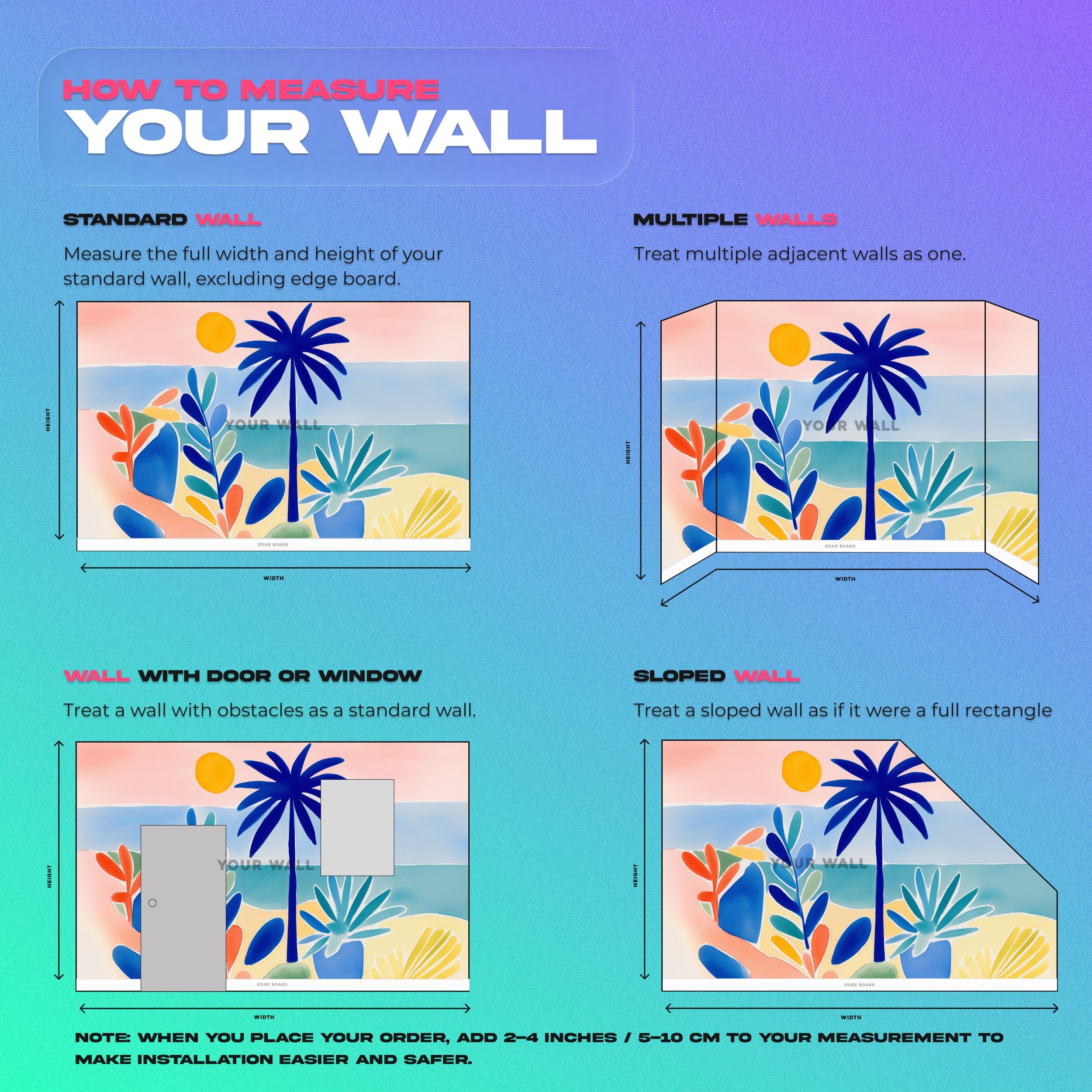 Vibrant tropical paradise mural featuring palm trees and exotic foliage in blues oranges yellows teals, peel and stick wallpa