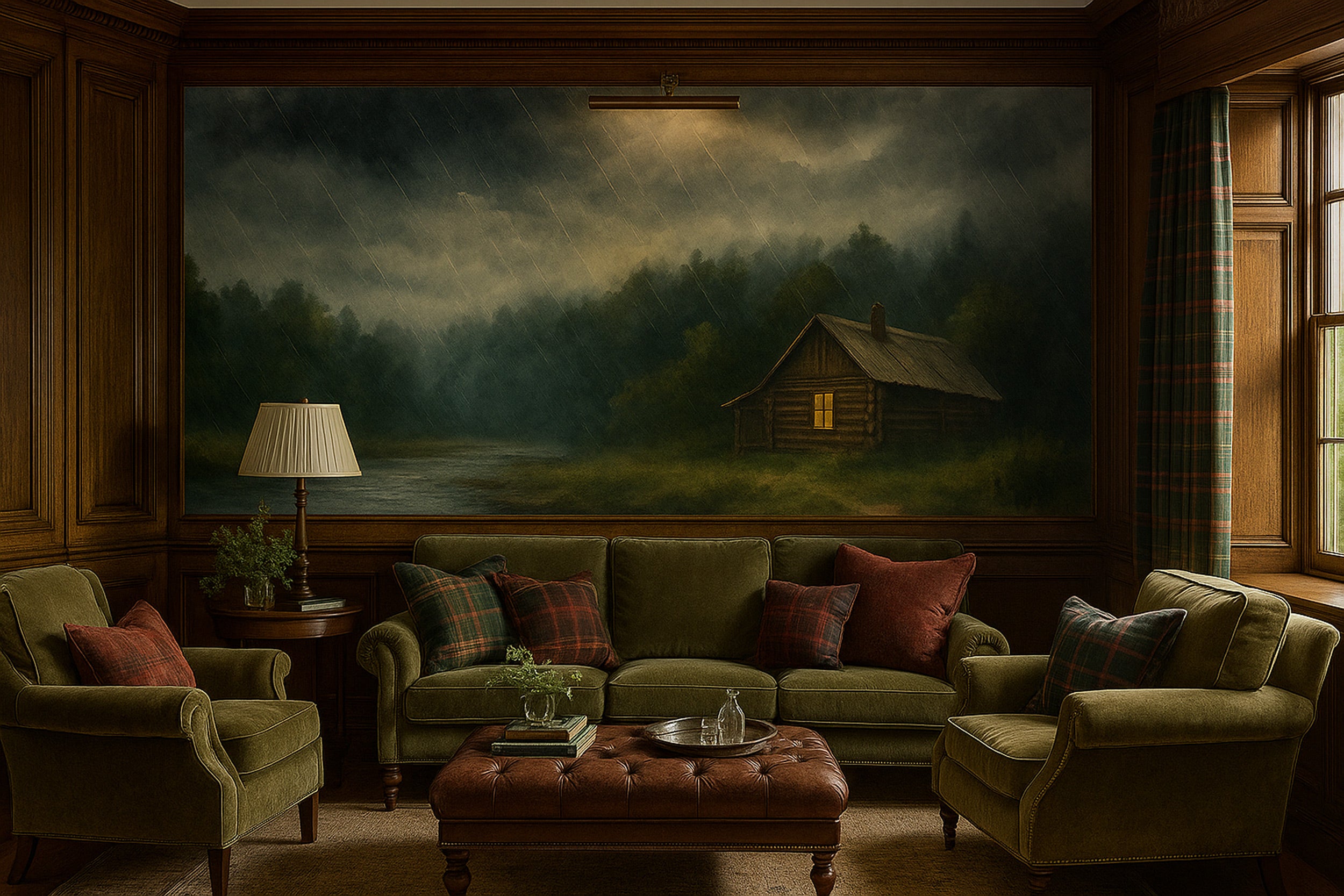 Rainy forest cabin mural depicting moody stormy skies over a woods by water with a warm wooden cabin glow in a cozy living ro