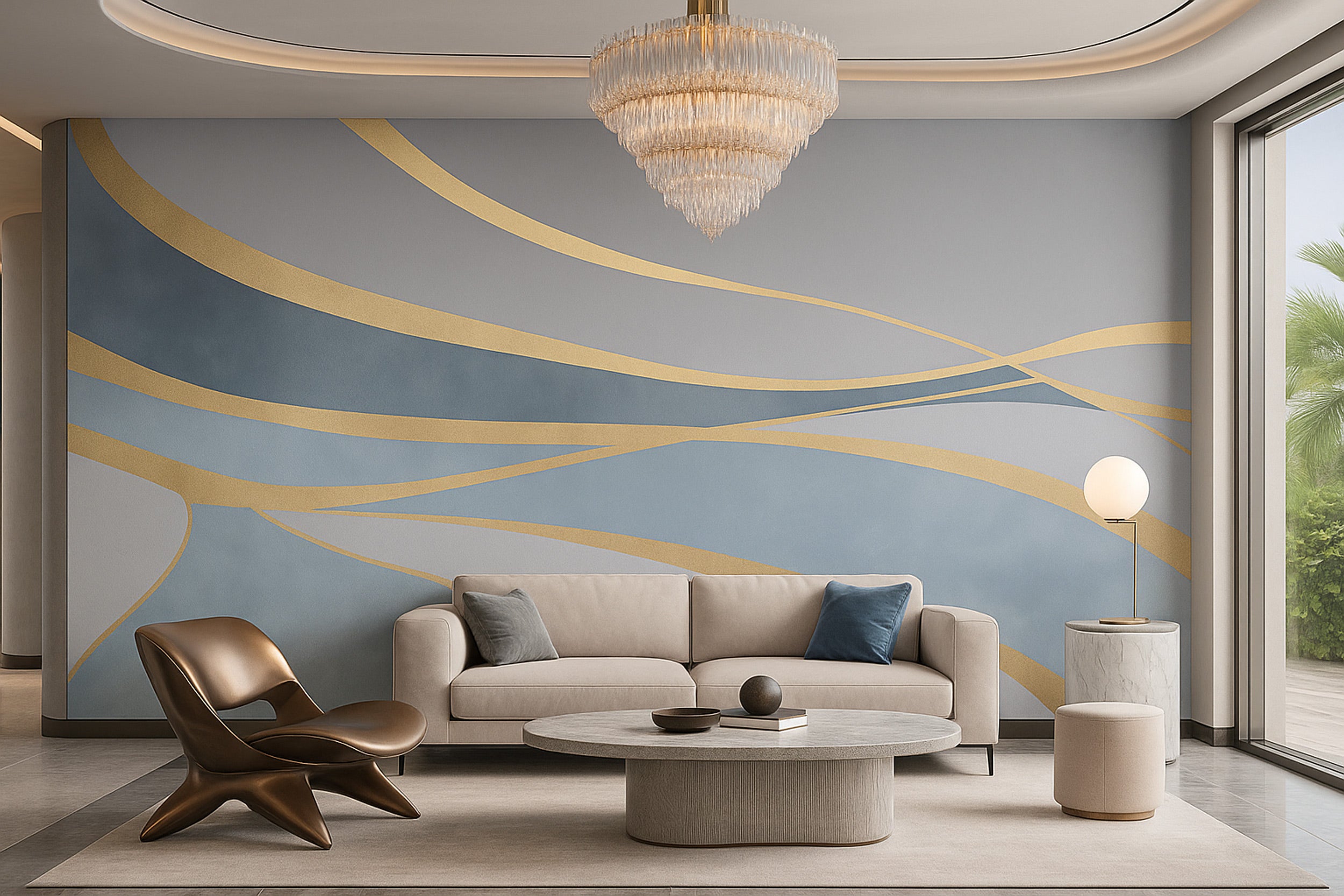 Abstract gold lines mural in blue grey tones with flowing curved gold stripes on a modern living room wall, luxury contempora