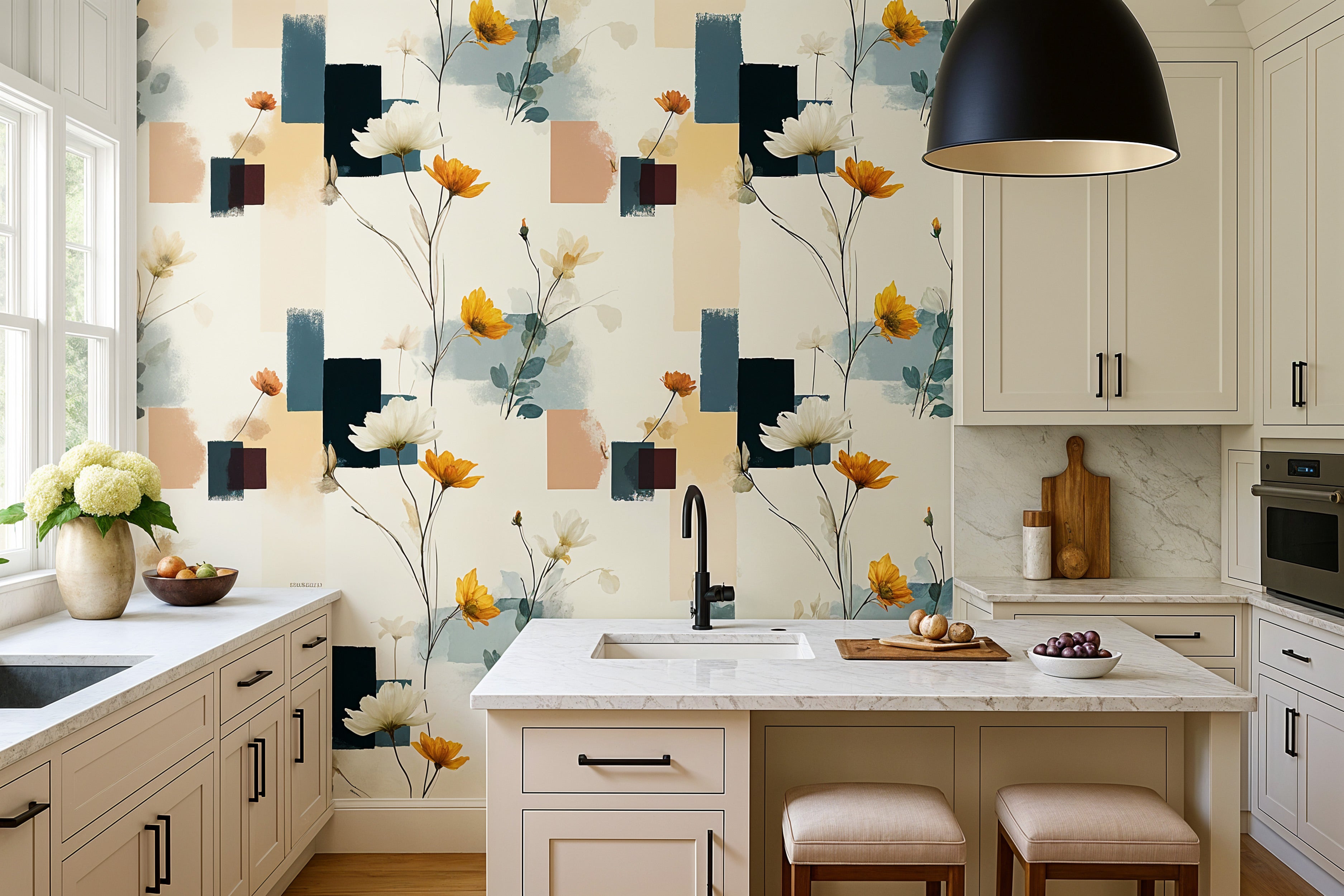 Abstract floral wallpaper with geometric shapes in navy teal peach and orange tones adorning a bright modern kitchen with whi