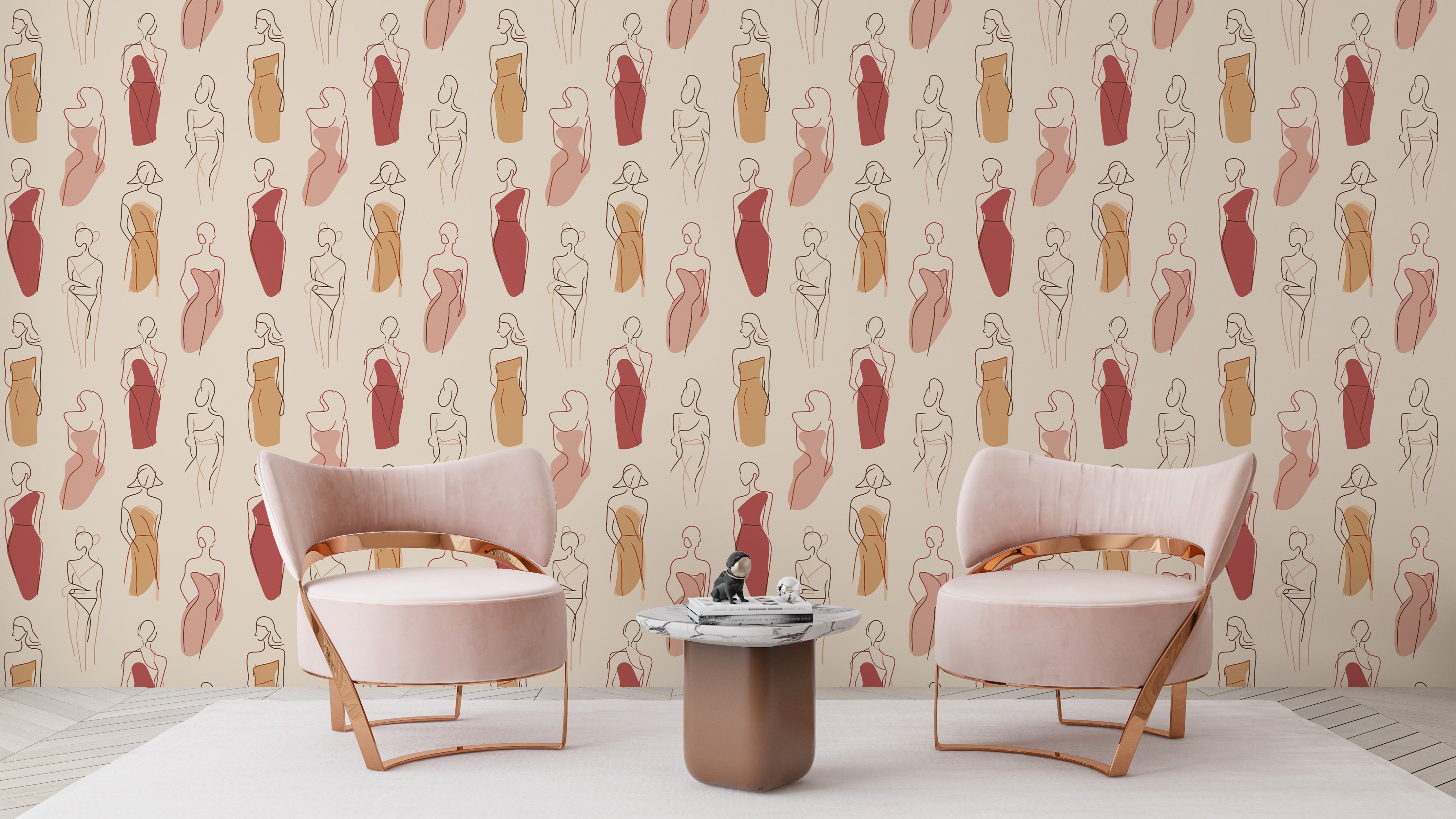 Removable abstract fashion figure wallpaper in warm terracotta and dusty rose tones, featuring elegant line drawings of women