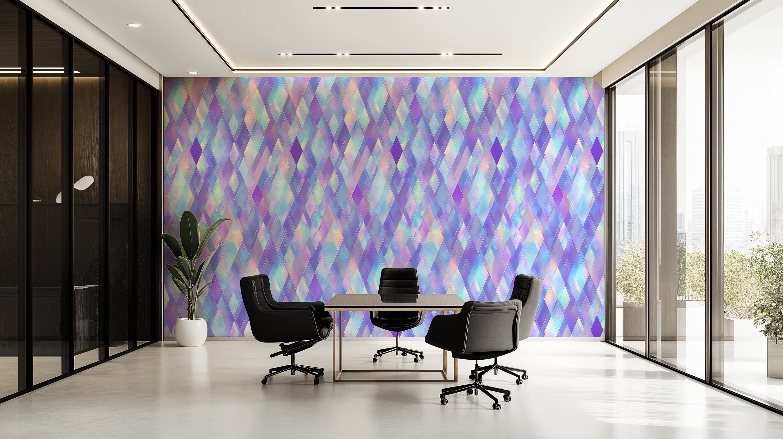 Holographic diamond patterned purple blue pink peel and stick wallpaper in modern office conference room with glass walls and
