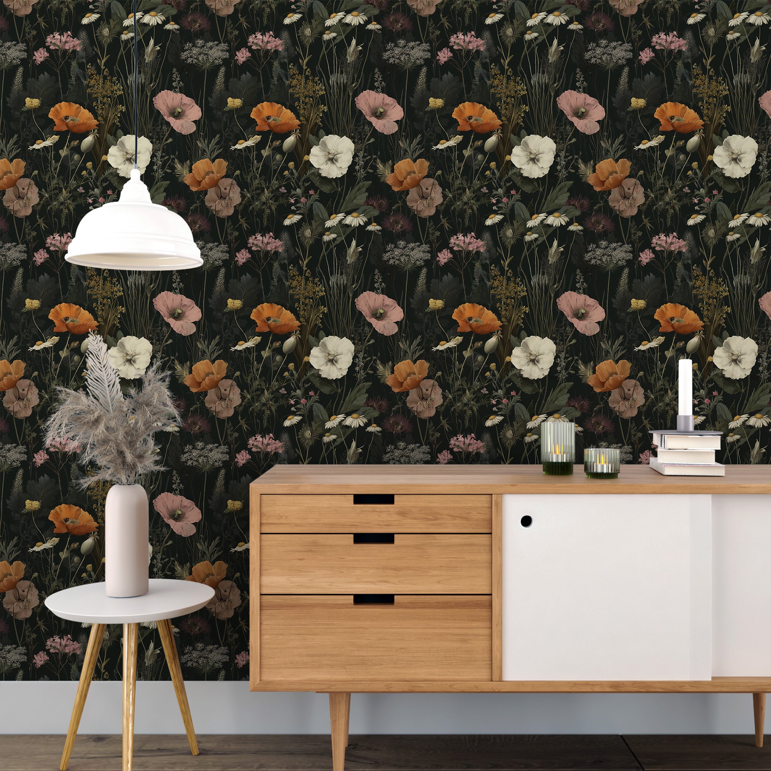 Dark botanical floral wallpaper with orange poppies, daisies and wildflowers on a black background.