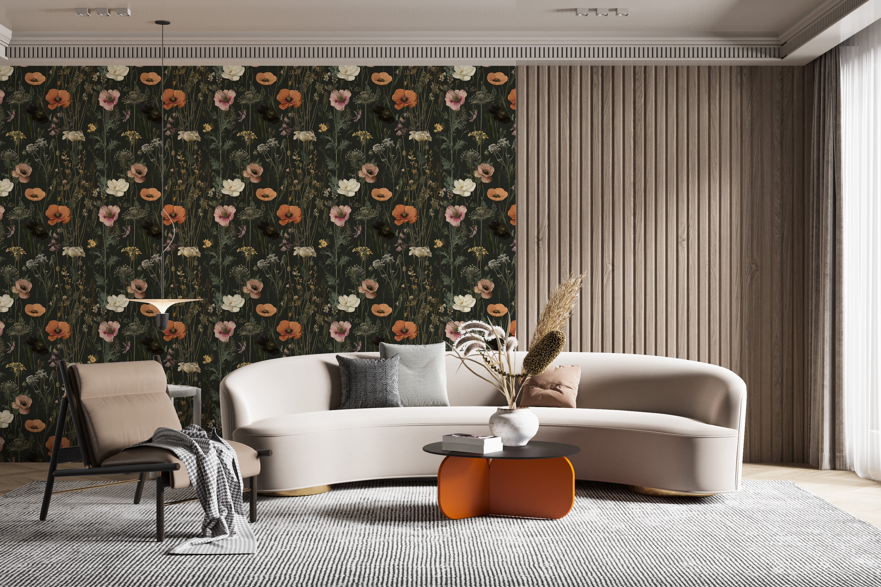 Dark botanical wallpaper with orange poppies in a modern living room featuring a curved beige sofa, soft gray pillows, and a