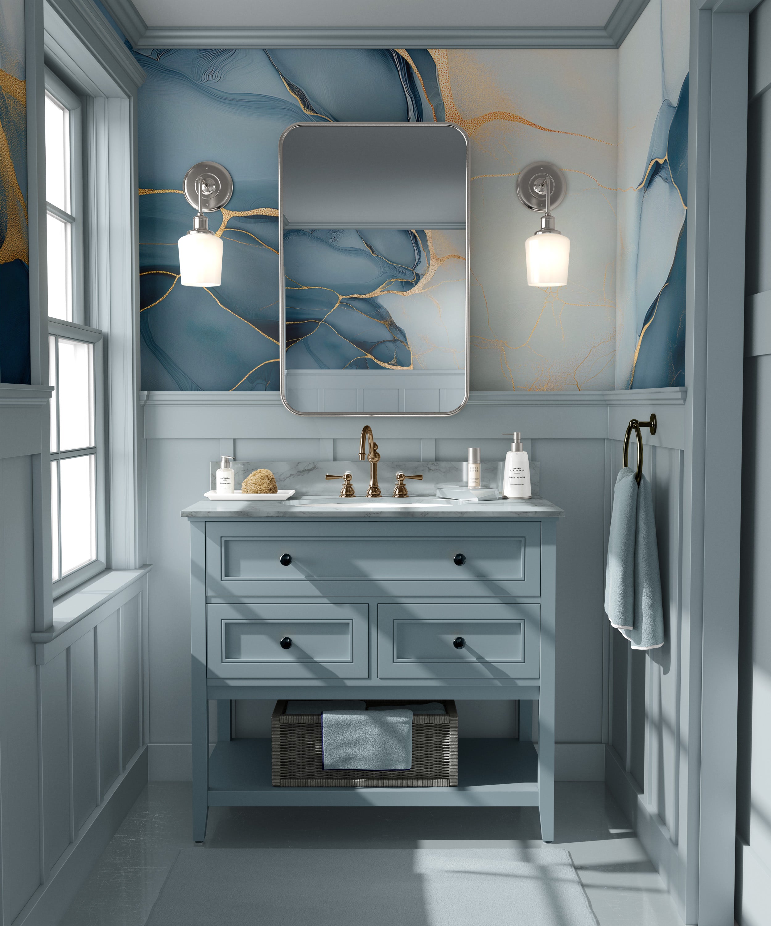 Blue abstract marble mural with gold veining in a blue-toned powder bathroom featuring a blue vanity, gold faucet, and marble