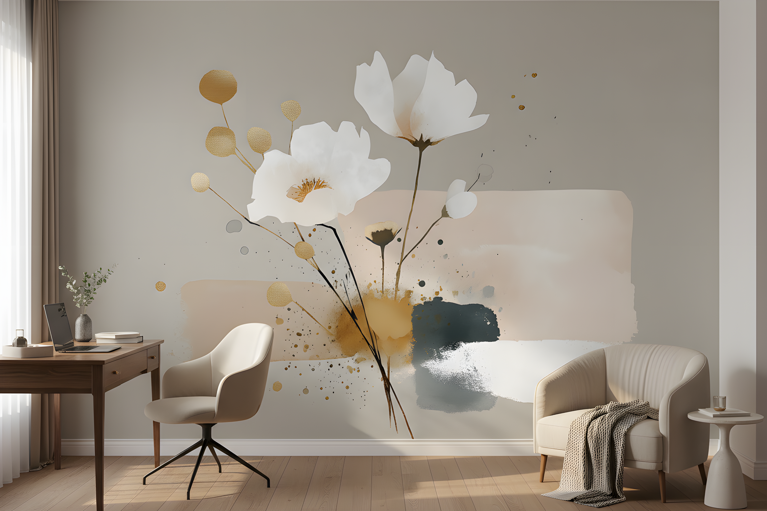 Elegant abstract floral mural in a neutral beige-gray living room with white cosmos blossoms, gold accents, and watercolor brushstrokes