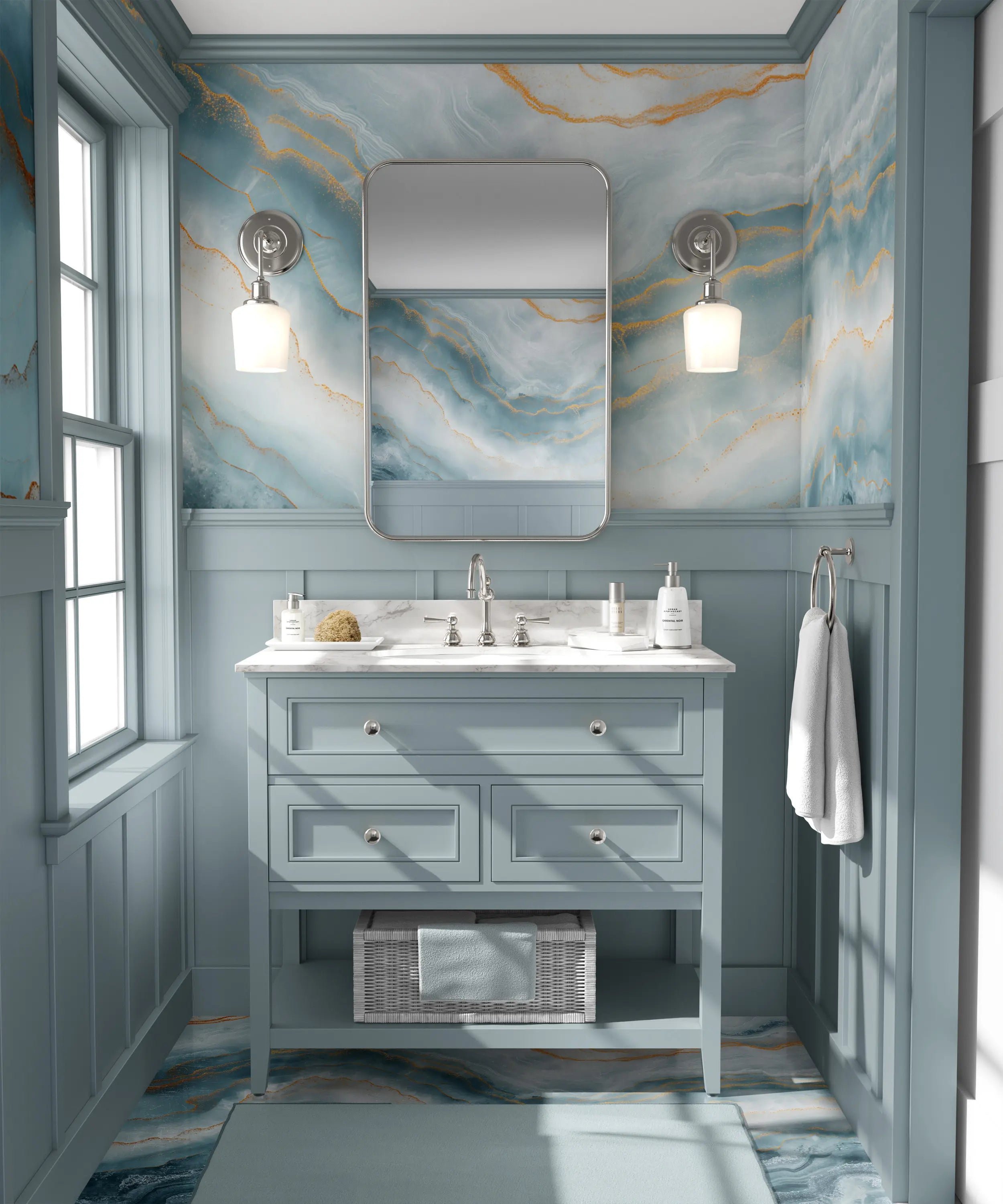 Soft blue white rose gold marble mural