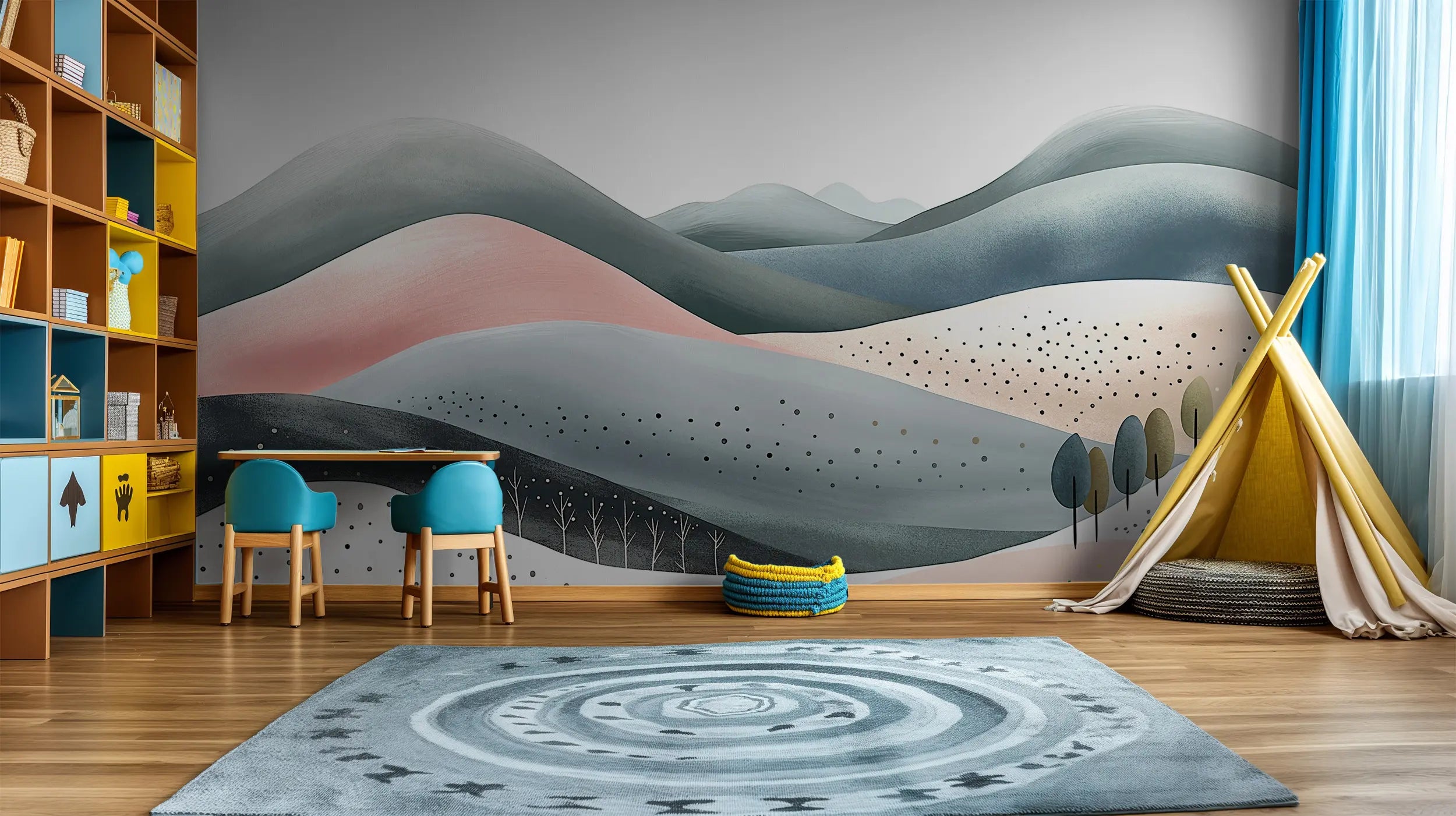 Watercolour hills mural for baby room