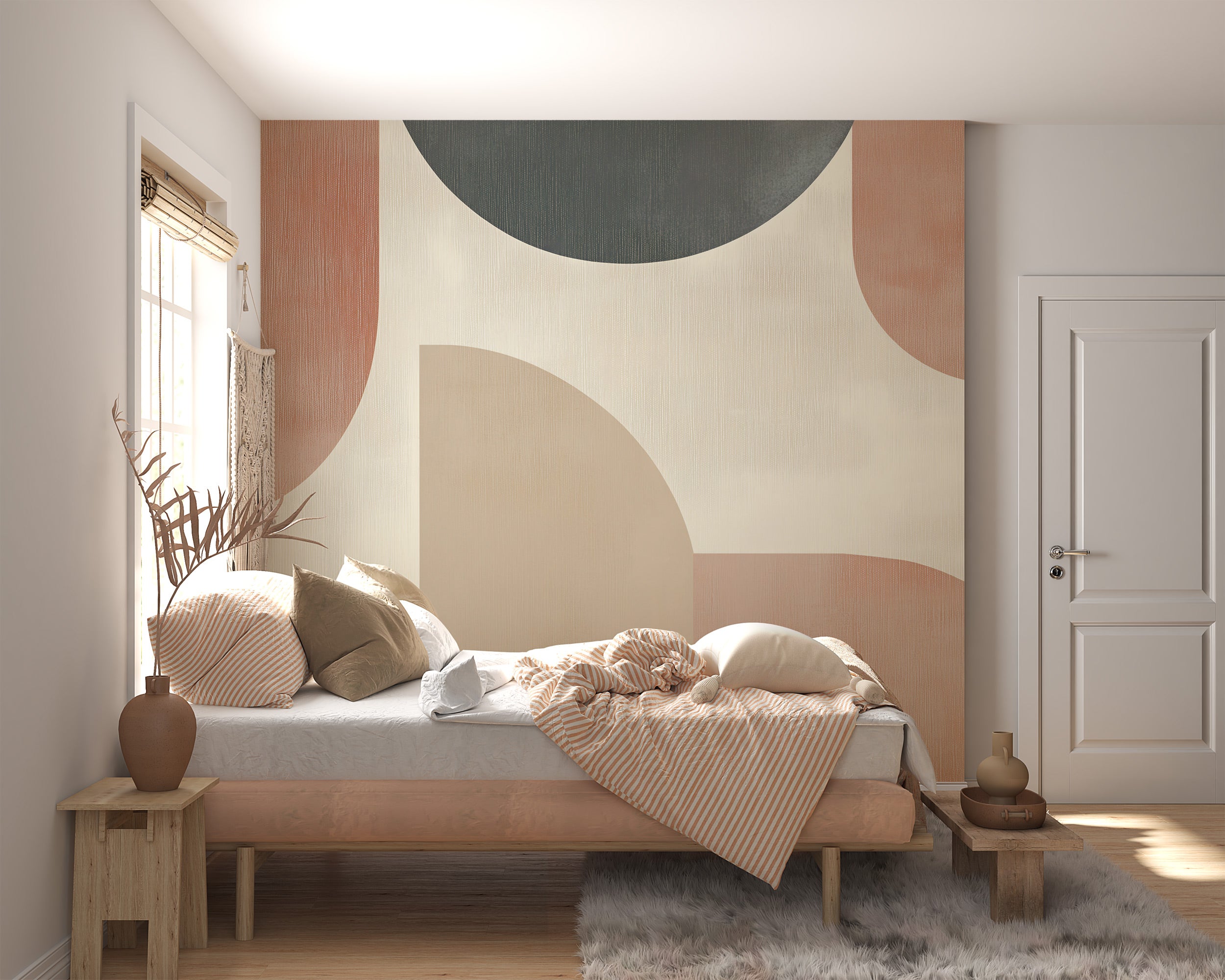 Abstract geometric mural in terracotta charcoal beige tones with organic curves adorning a modern bedroom wall above a low be