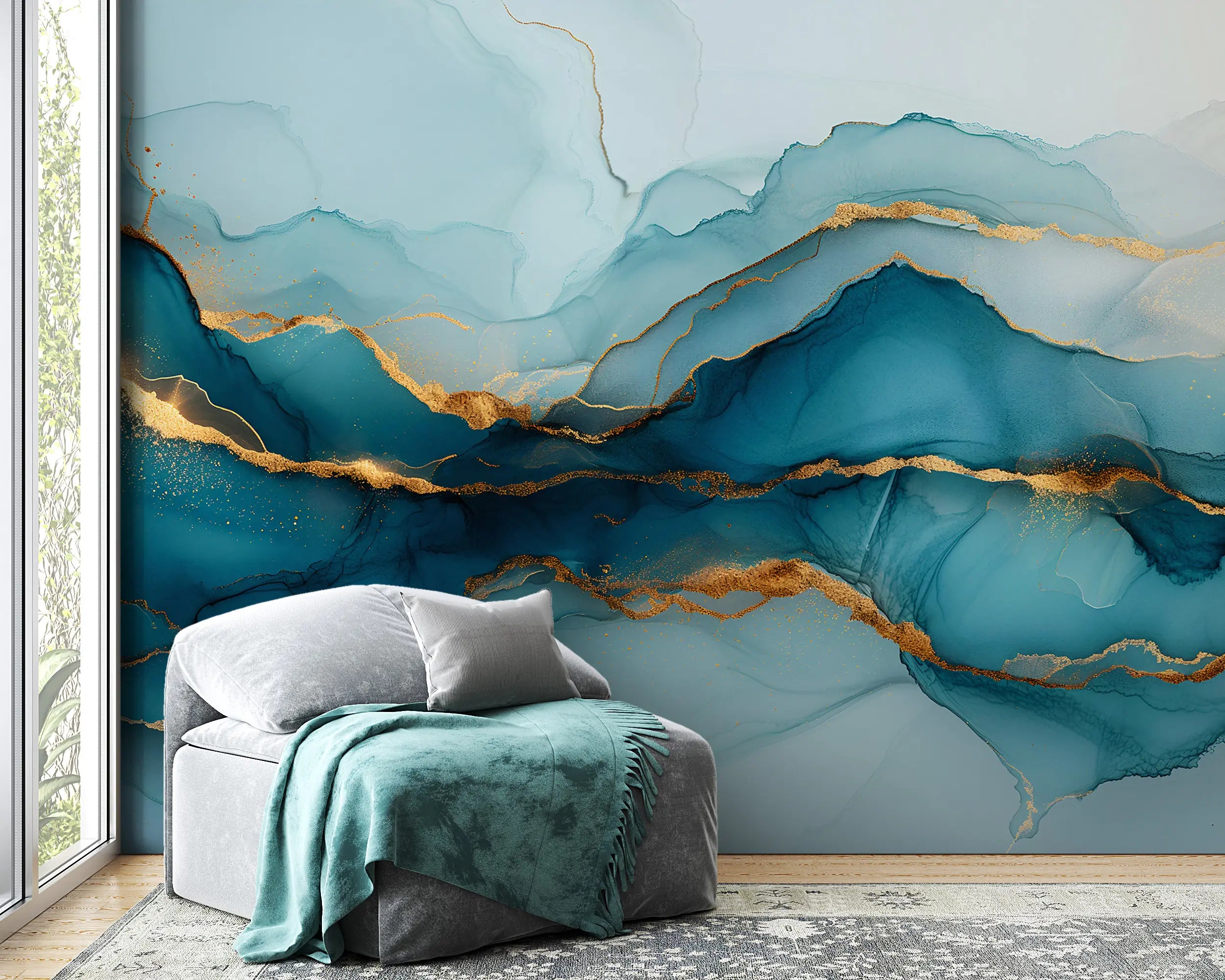 Teal and gold abstract mural