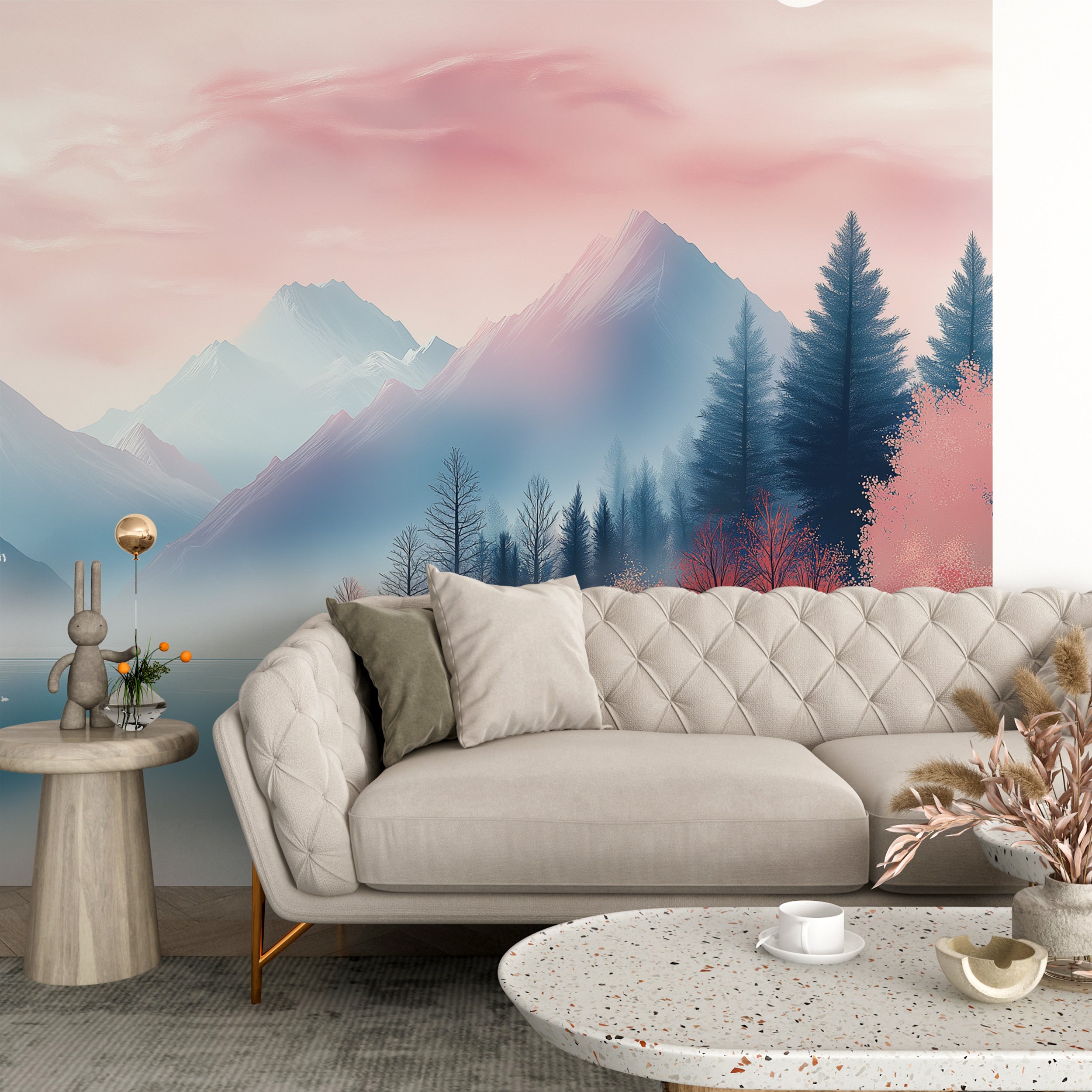 Pink mountain lake mural with pastel pink skies, blue peaks, and silhouetted trees creating a serene bedroom backdrop