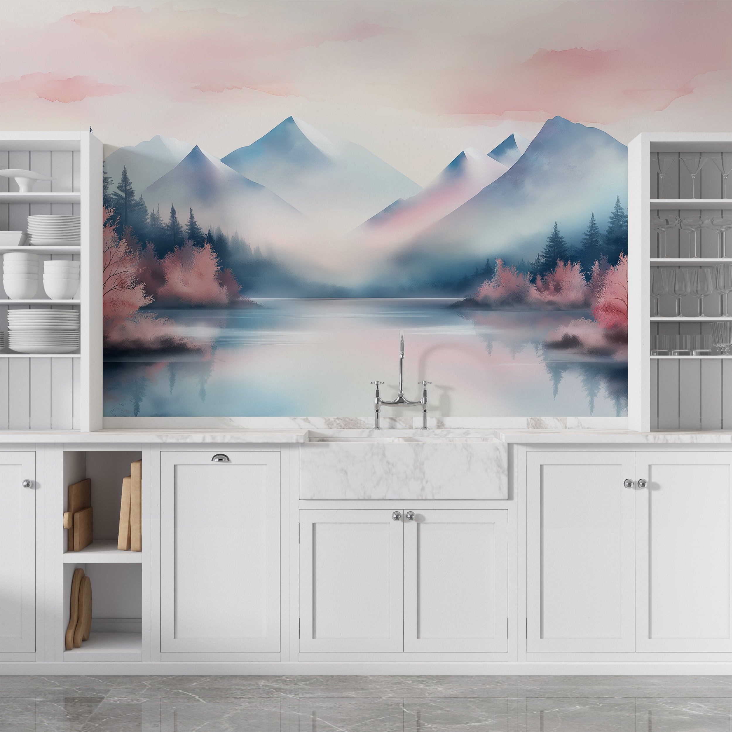 Pink mountain lake mural with watercolor landscape in a bright kitchen, showing misty blue mountains, pink trees, and reflect